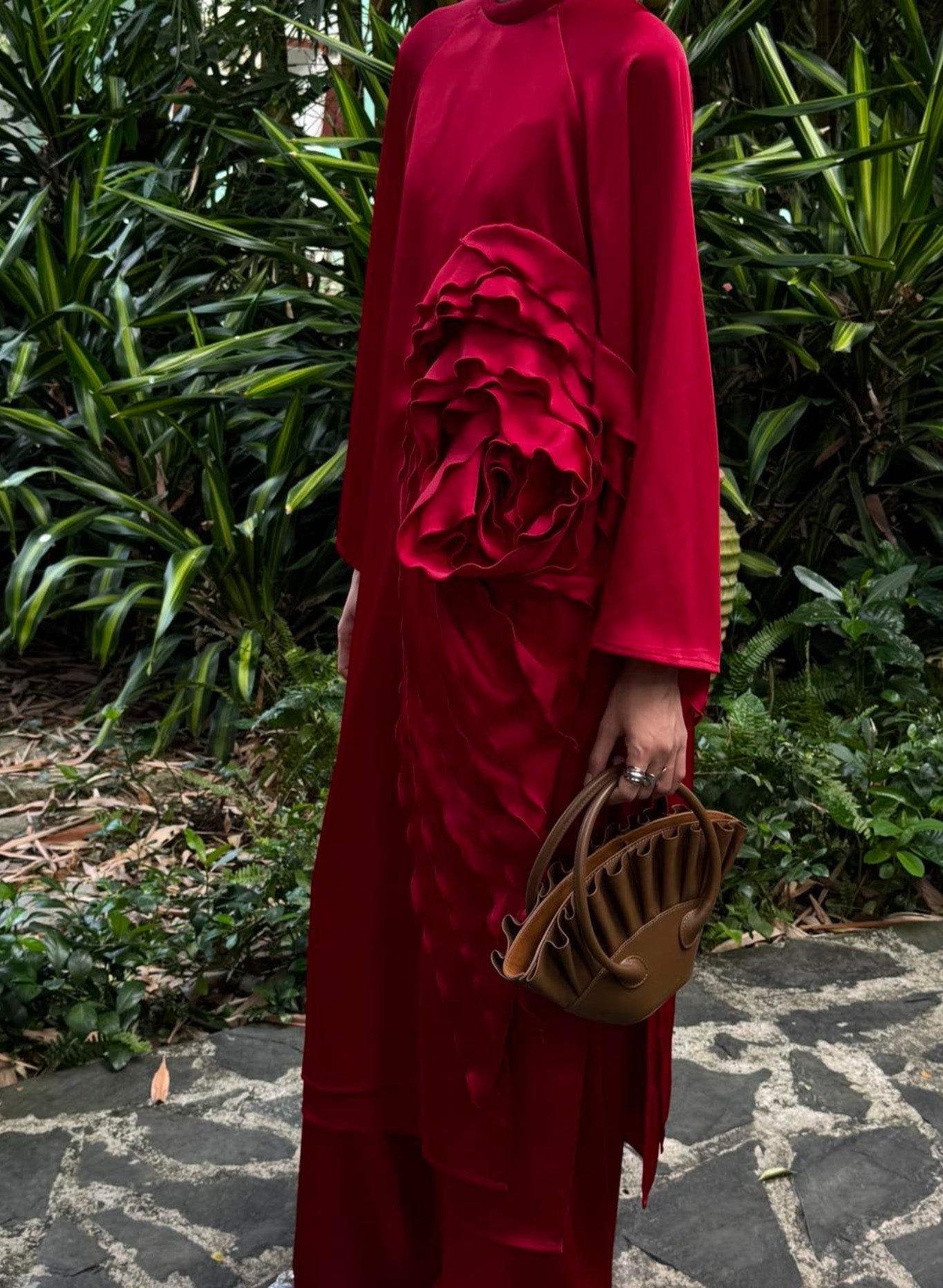 "Crimson Bloom" red silk Ao Dai set by Das Levine, traditional Vietnamese dress with modern floral design.
