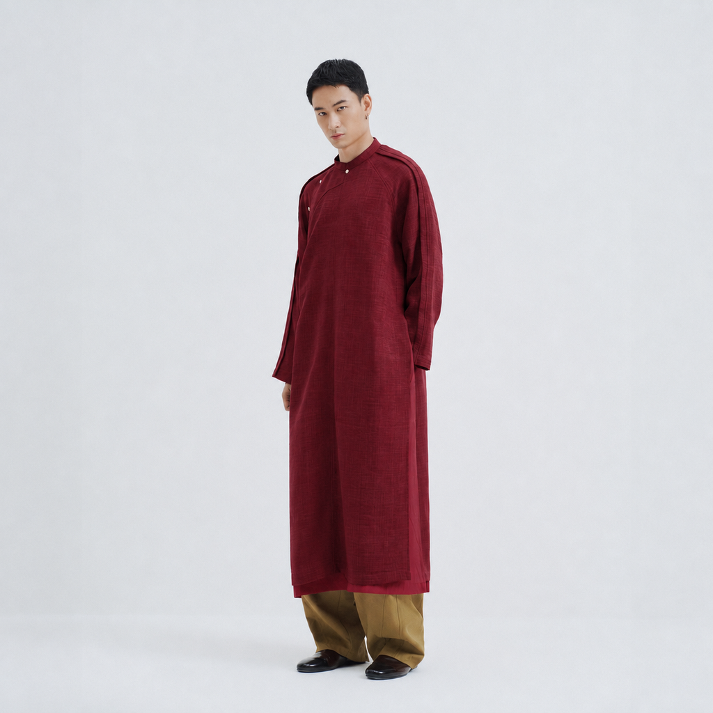 "Phong" Men’s Áo Dài Top - Raw-linen in Burgundy