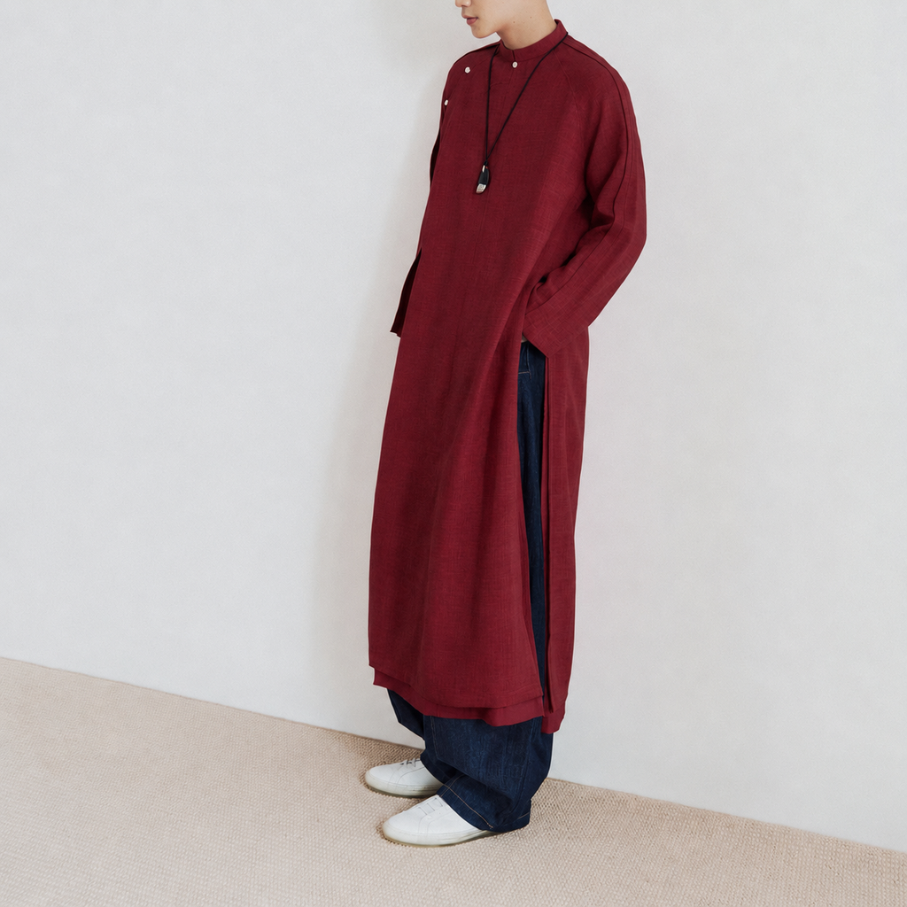"Phong" Men’s Áo Dài Top - Raw-linen in Burgundy