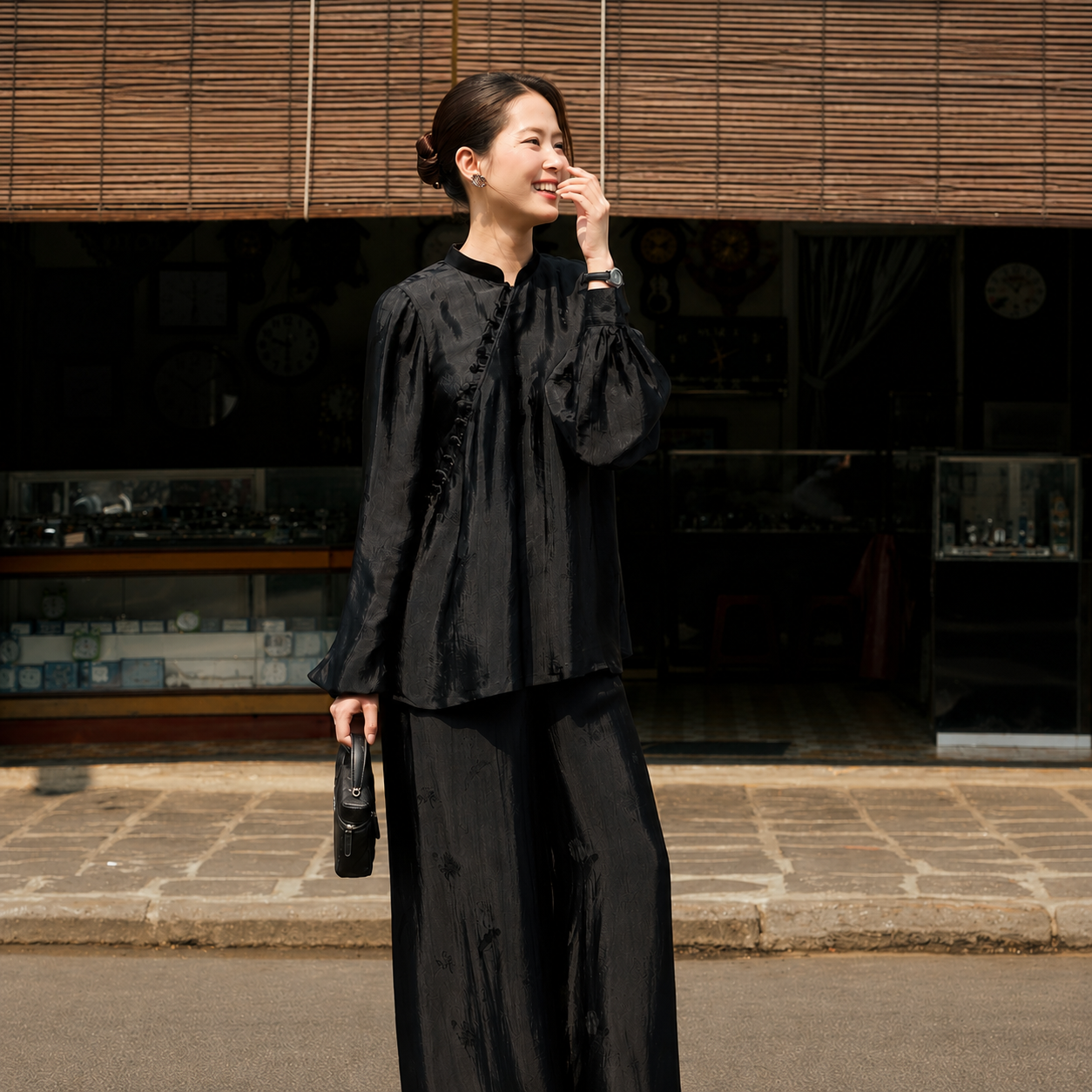 “Huyền Chi” Ba-ba Set – Lotus Patterned Wormsilk in Midnight Black