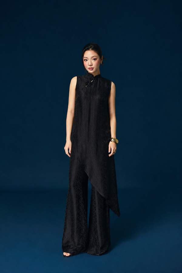 “Kim Tuyền” Set – Modernized Áo Ngắn (long version of Ao-dai) in Black Worm Silk - front view by Huyen Thai Collection