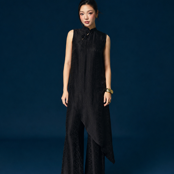 “Kim Tuyền” Set – Modernized Áo Ngắn (long version of Ao-dai) in Black Worm Silk