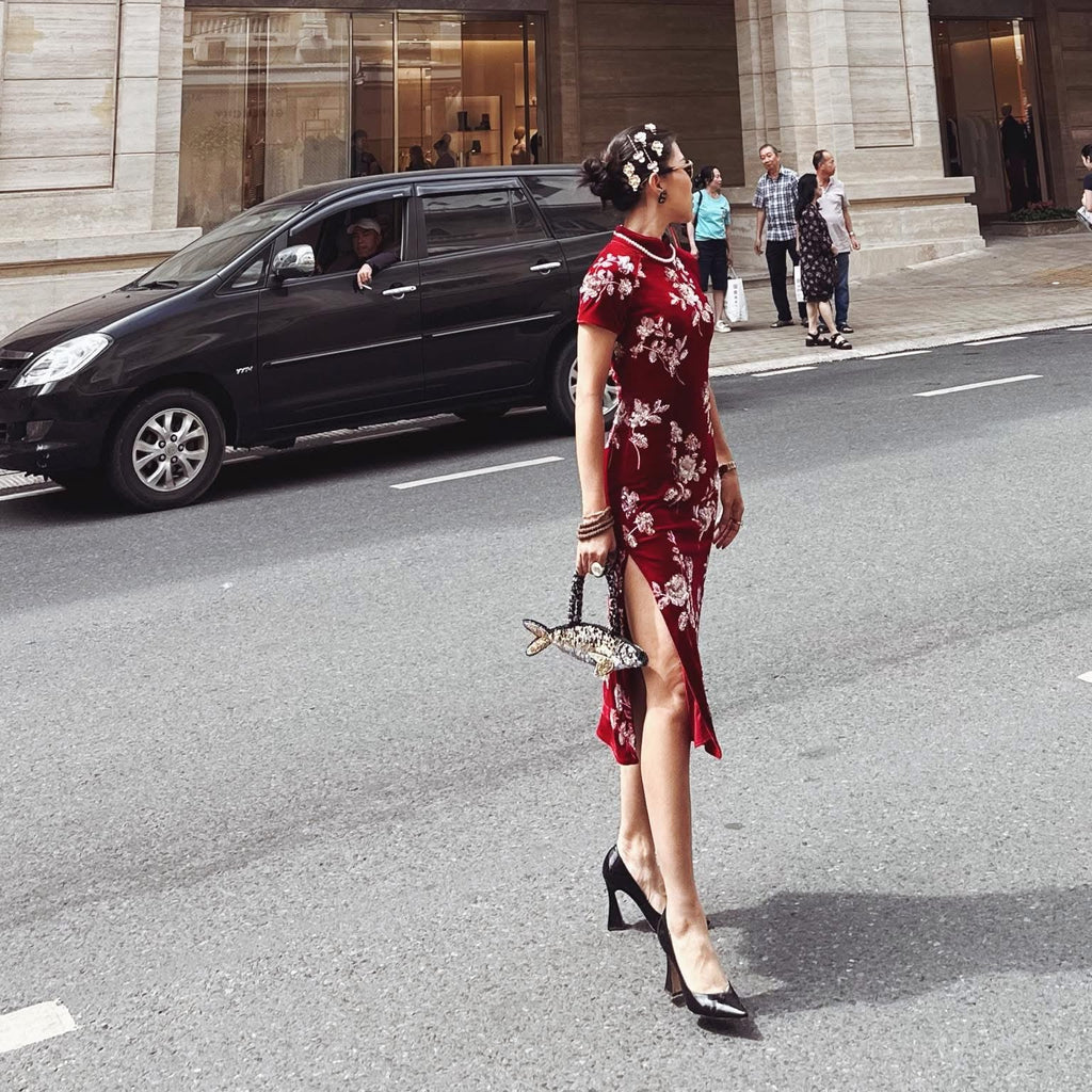 Crimson Peony Cheongsam - Velvet in Deep Red with embellishments - side profile by Saang