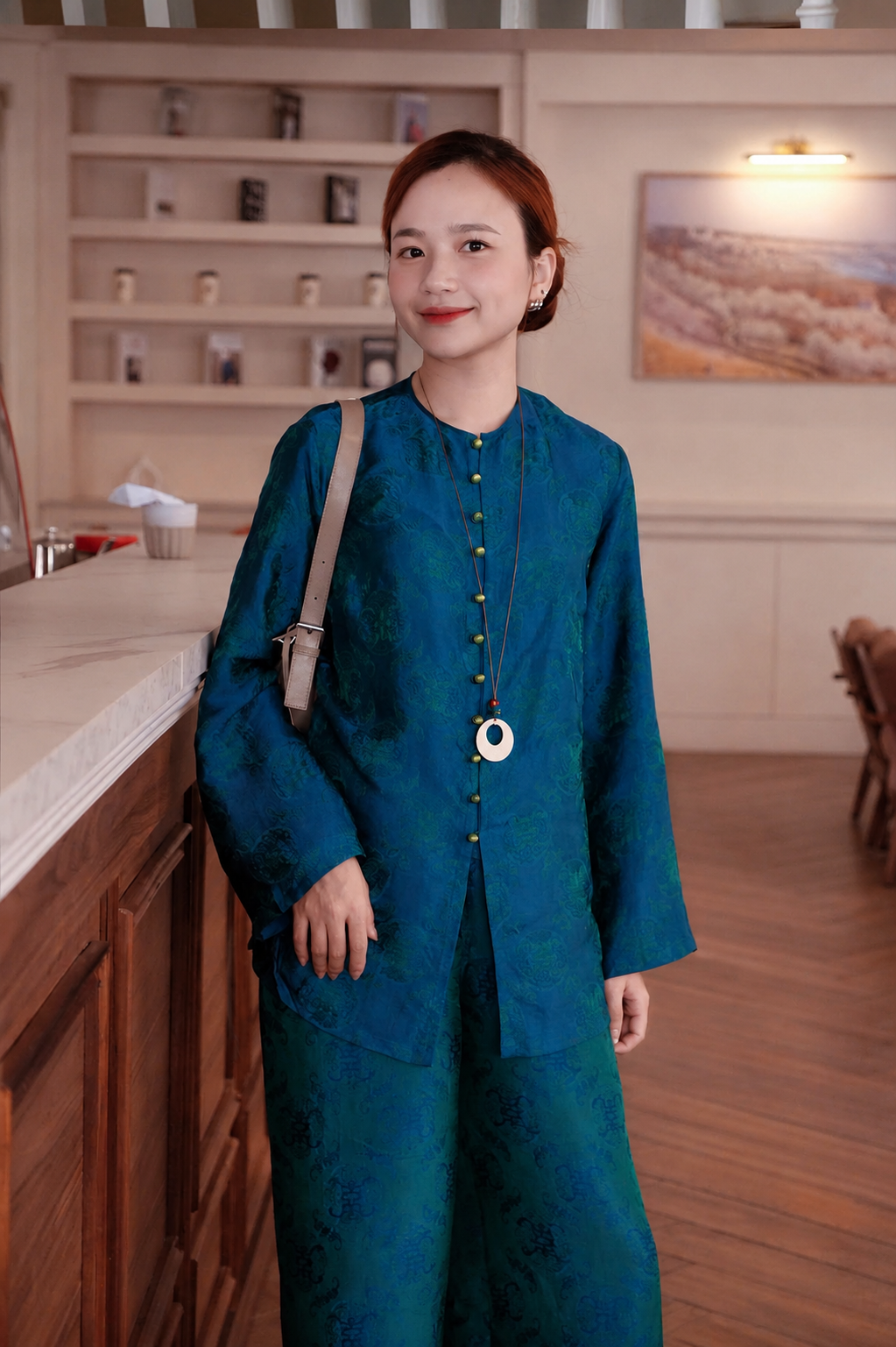 “Trâm Anh” Ba-ba Set in Peacock Blue Worm Silk