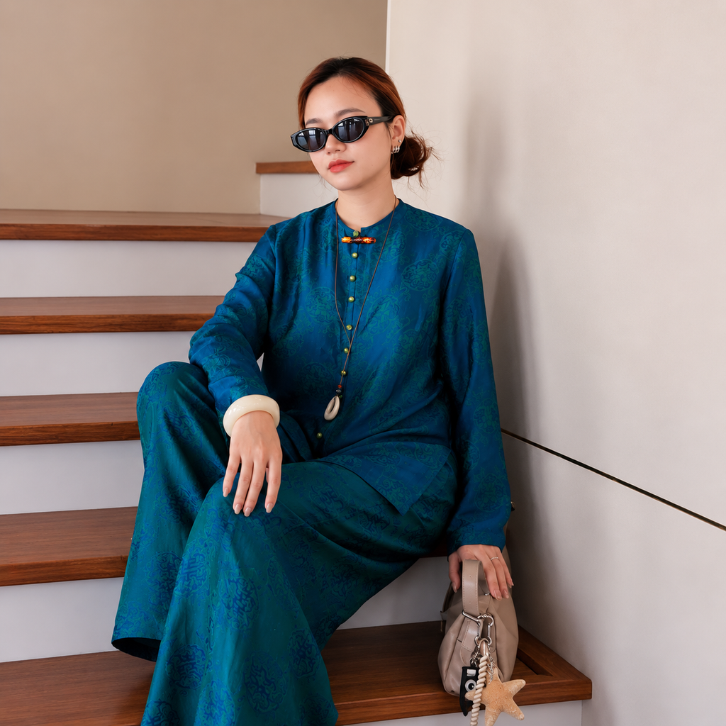 “Trâm Anh” Ba-ba Set in Peacock Blue Worm Silk