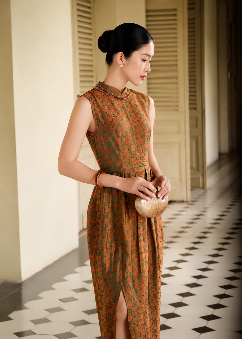 Vietnamese Ao Dai - “Celeste” Dress – Daisy Jacquard womsilk Dress in Copper Jade - side profile in orange by Tam