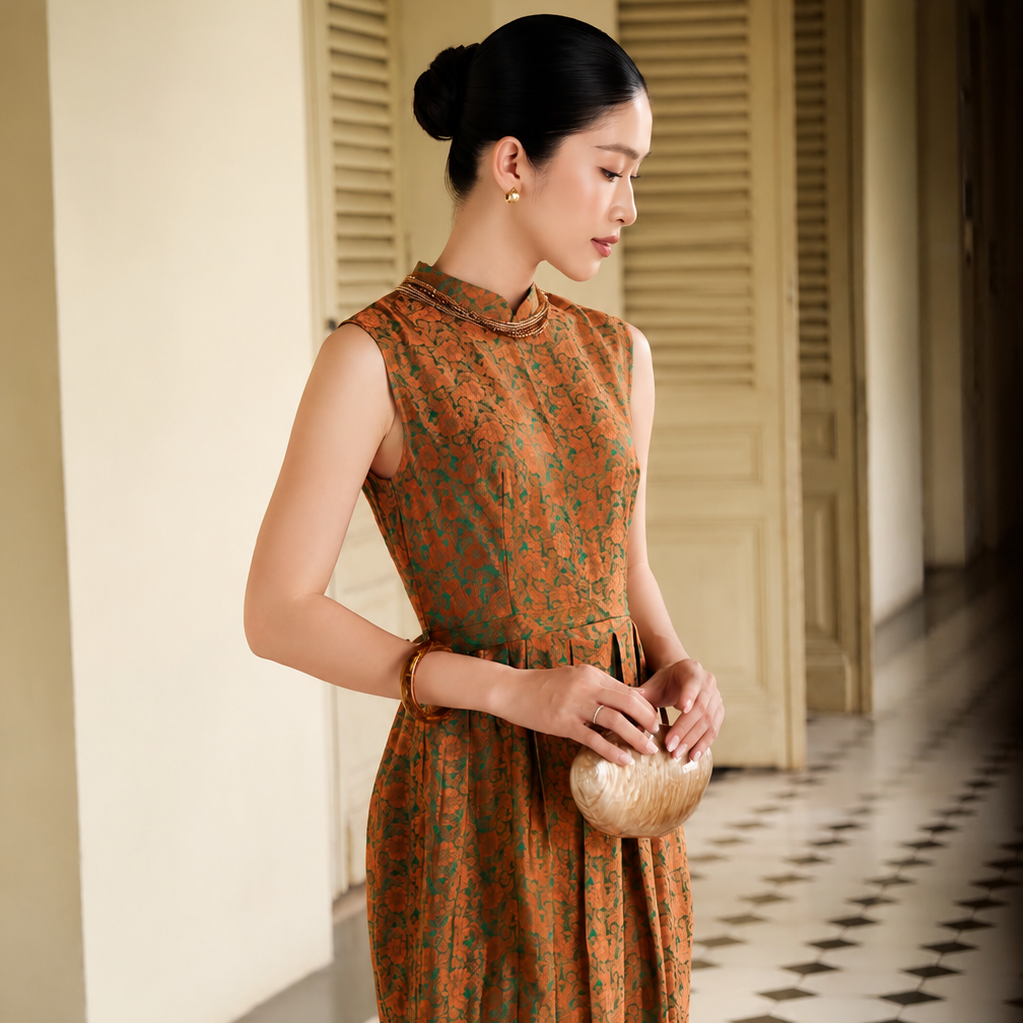 “Celeste” Dress – Lotus Jacquard womsilk Dress in Garnet