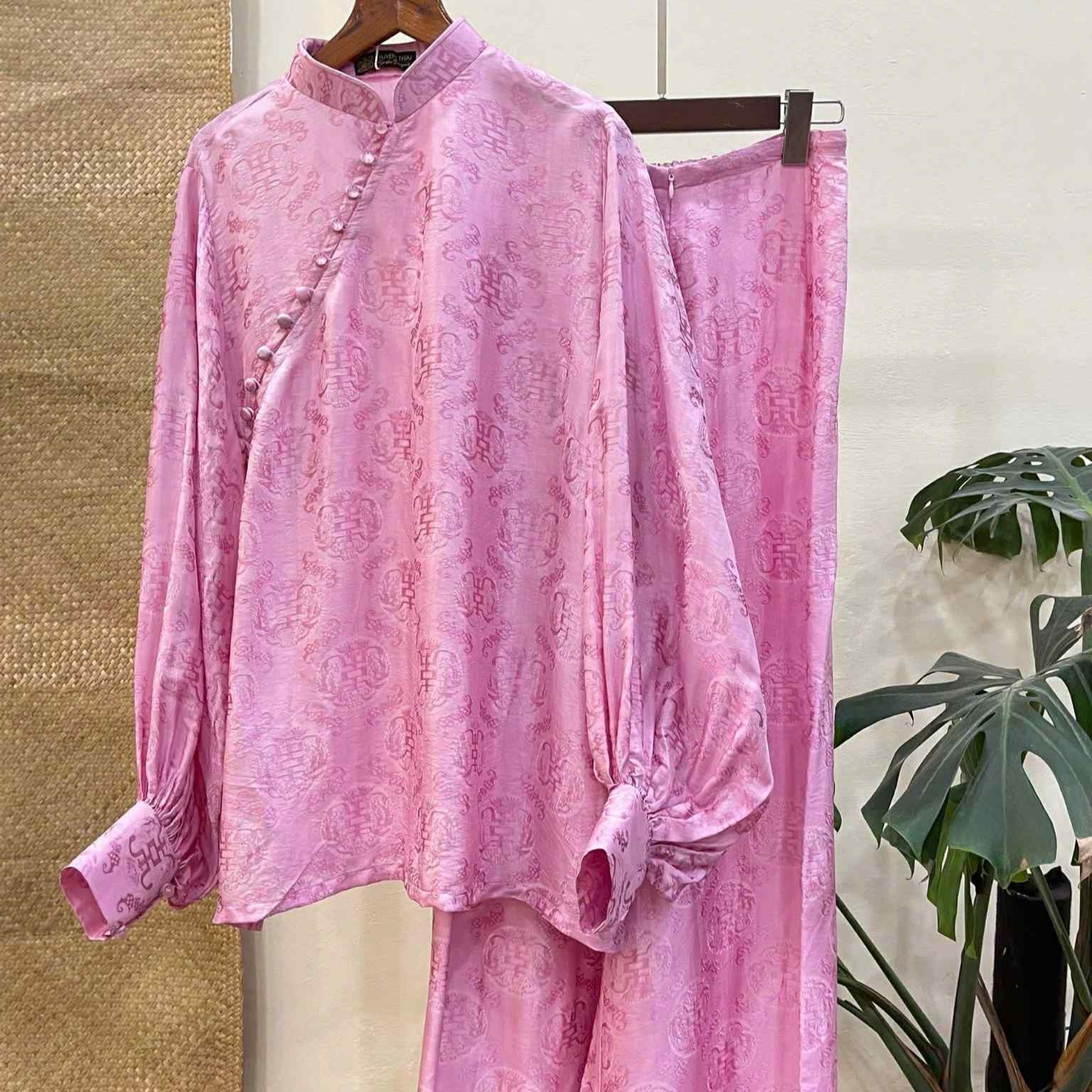 "KY" Ao-Ngan (Shorter version of Ao-dai) with Balloon Sleeve - Wormsilk in Pink - Modern Vietnamese Ao-Ngan by Huyen Thai Collection at L'Orient Haus contemporary boutique
