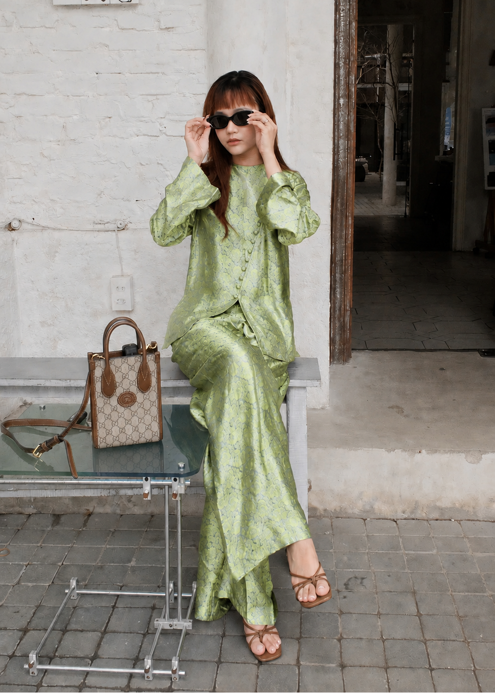 “Diagonal Grace” Ao-Ngan Set – Long-sleeve Wormsilk Ensemble in Celadon Luster