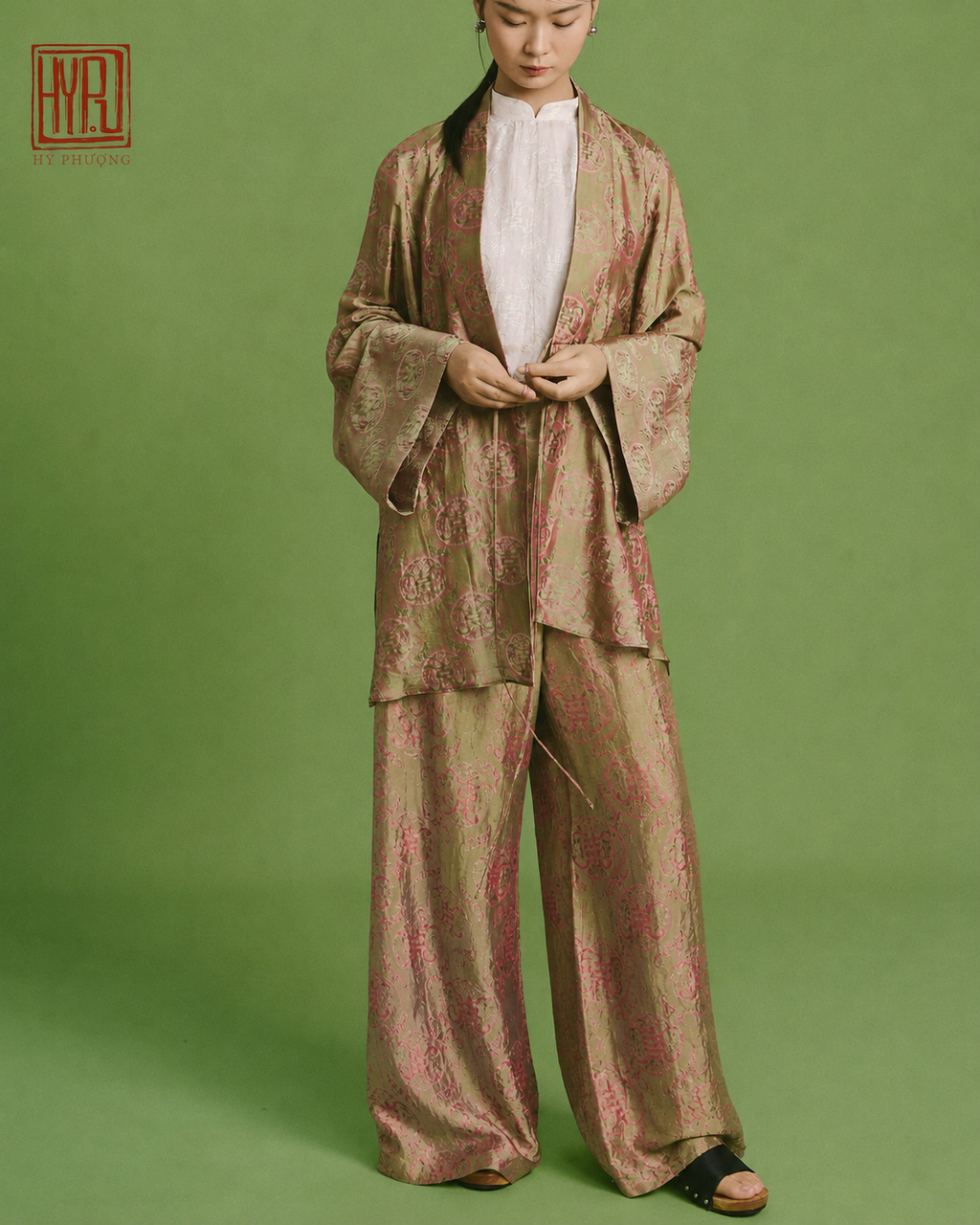 “Silken Poise” Cardigan – Worm Silk Heritage in Antique Moss - front view by Hy Phuong
