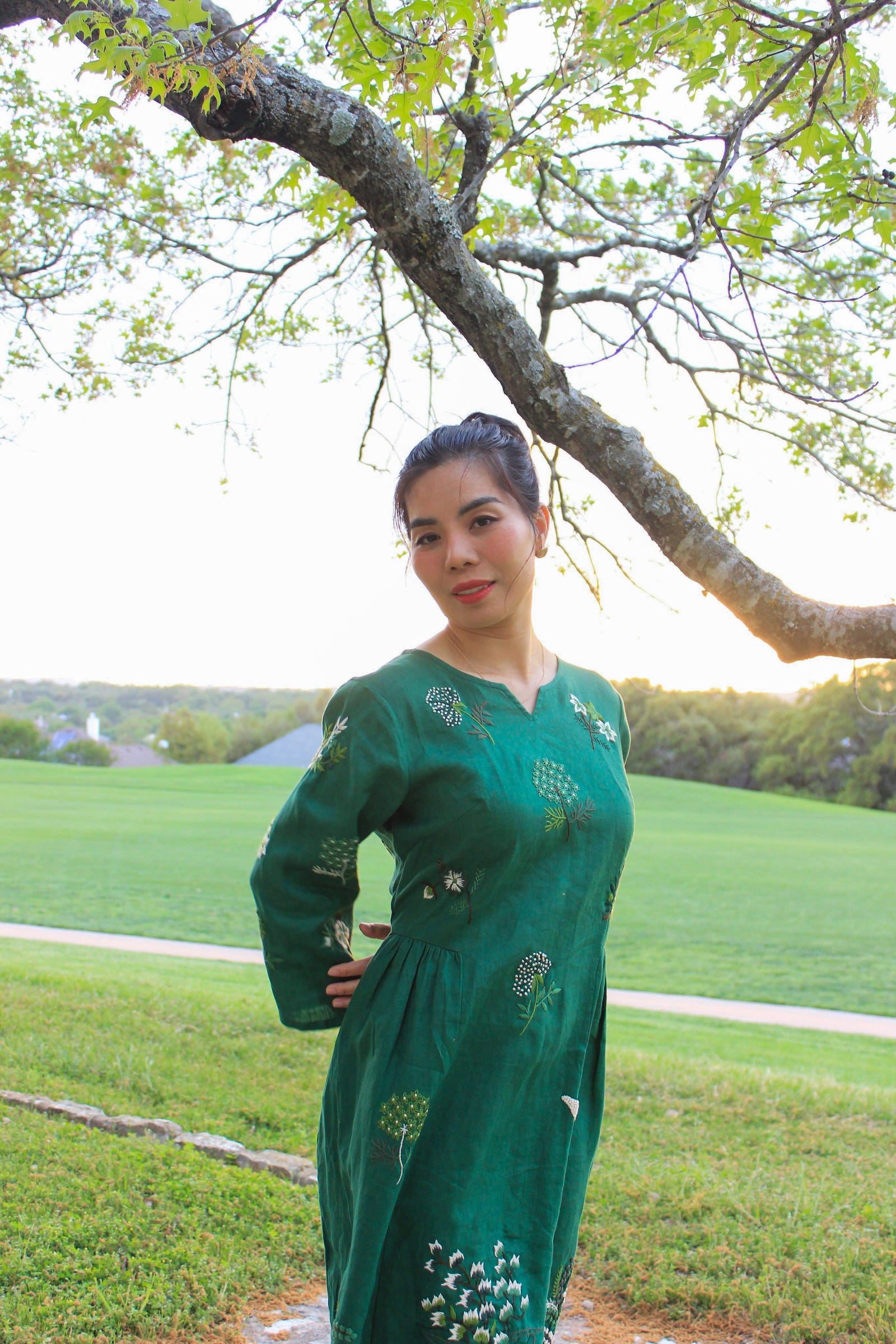 Vietnamese Embroidery - Mimosa - Embroidered Linen dress - front view in green by Huulala
