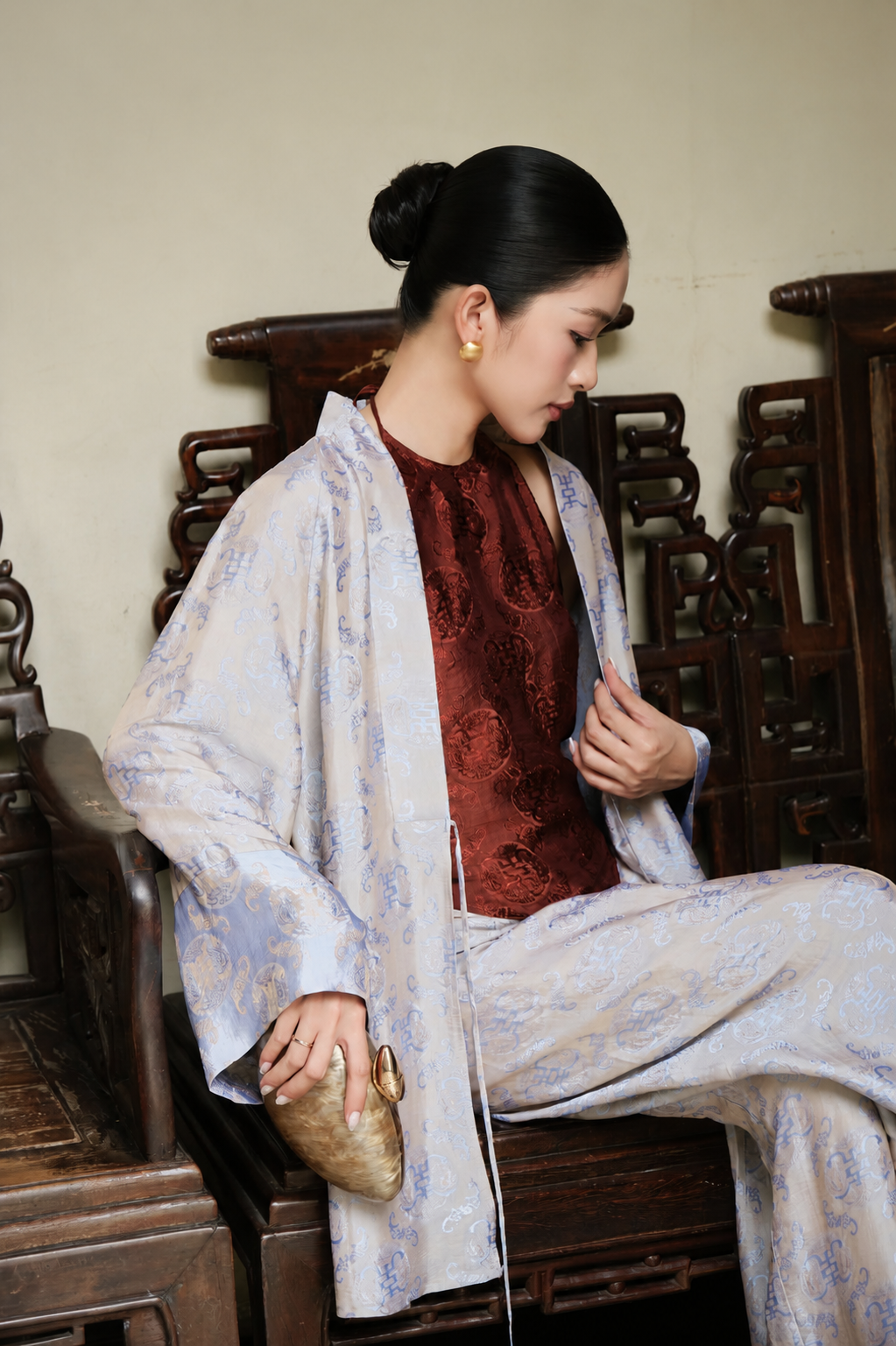 "Phong Thư" Set – Wormsilk Heritage Cardigan & Haltered Neck Top in Pearl Grey