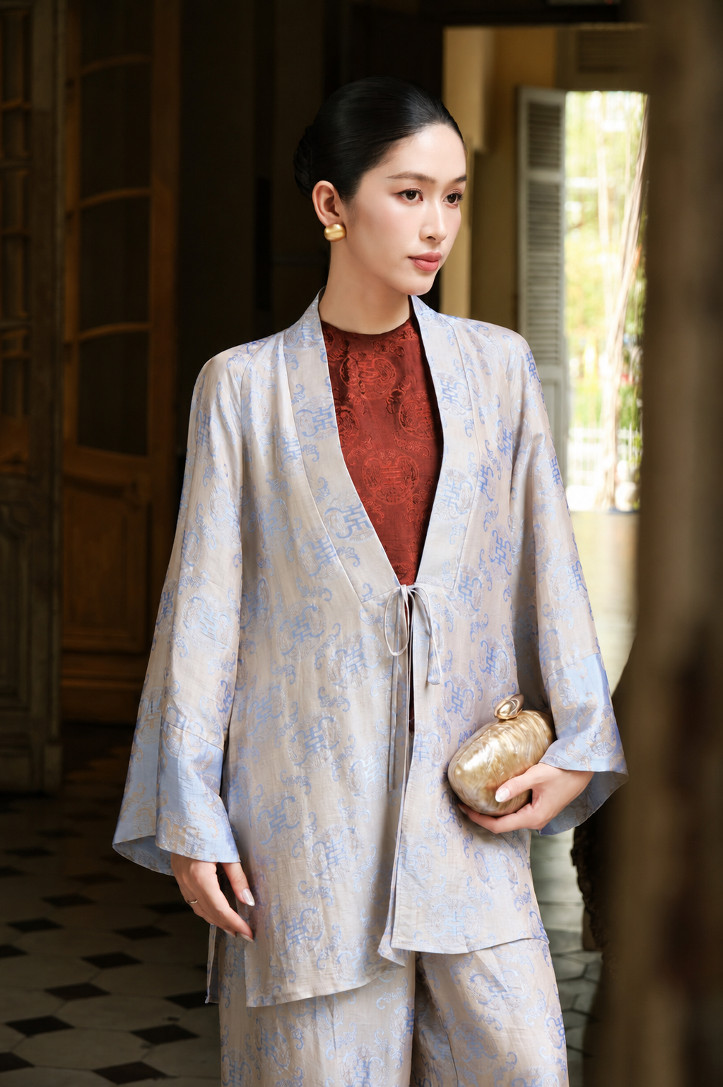 Phong Thư Set – Wormsilk Heritage Cardigan & Haltered Neck Top in Pearl Grey - front view by Tam