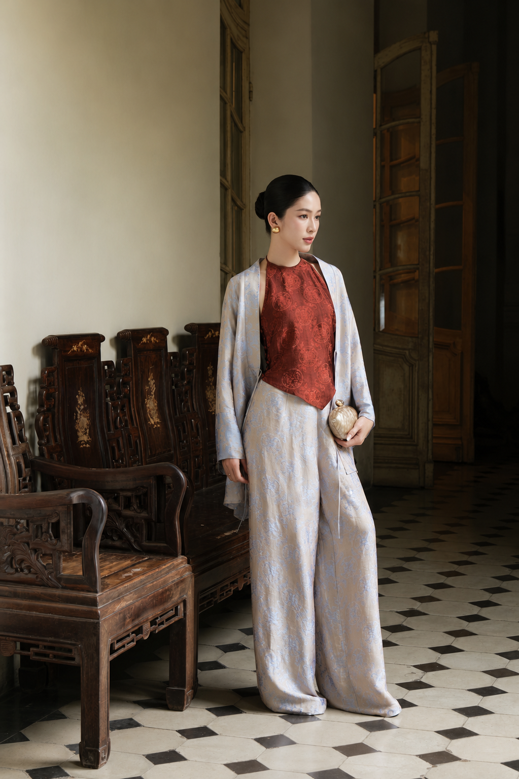 "Phong Thư" Set – Wormsilk Heritage Cardigan & Haltered Neck Top in Pearl Grey