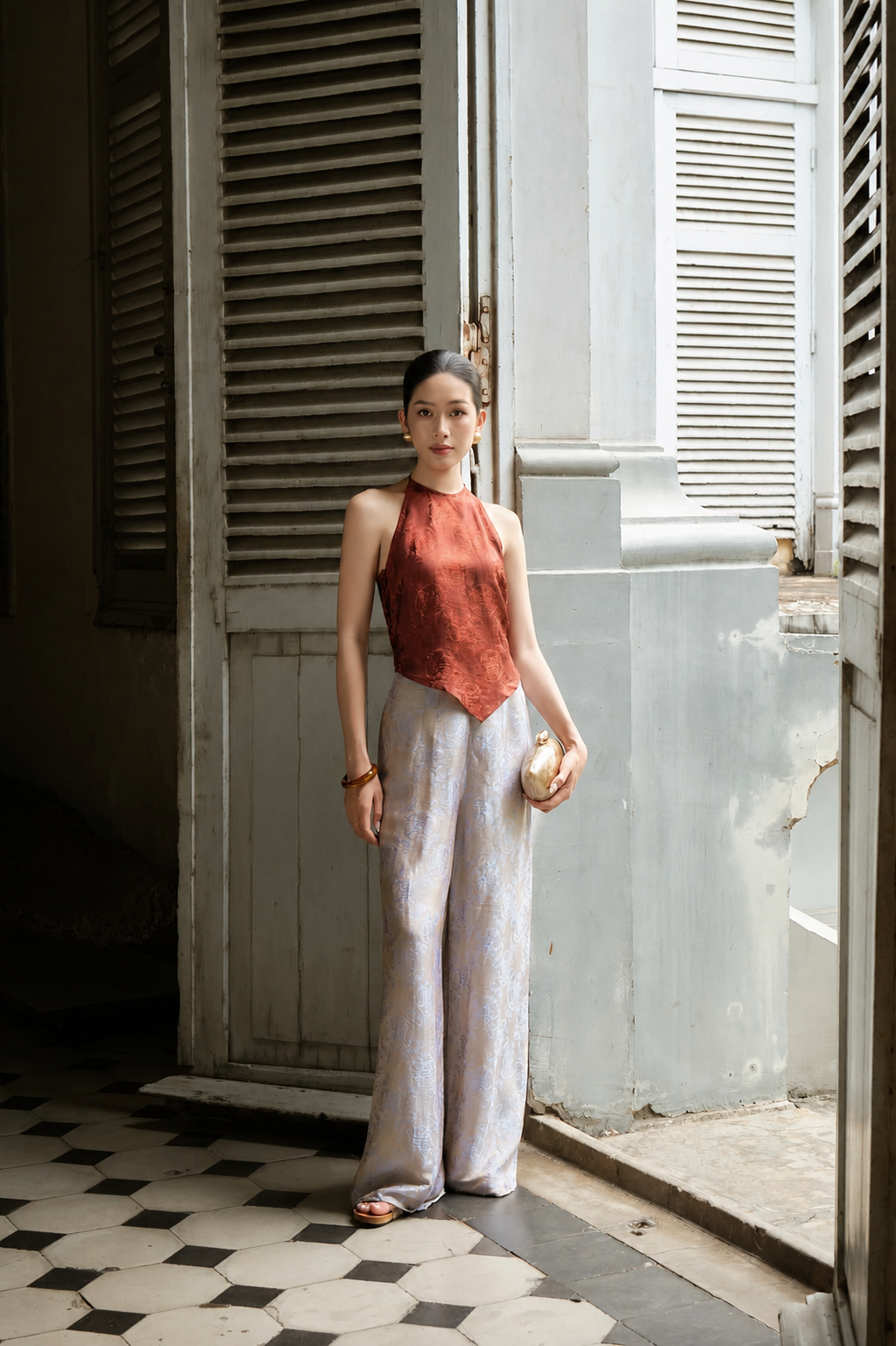 "Phong Thư" Set – Wormsilk Heritage Cardigan & Haltered Neck Top in Pearl Grey