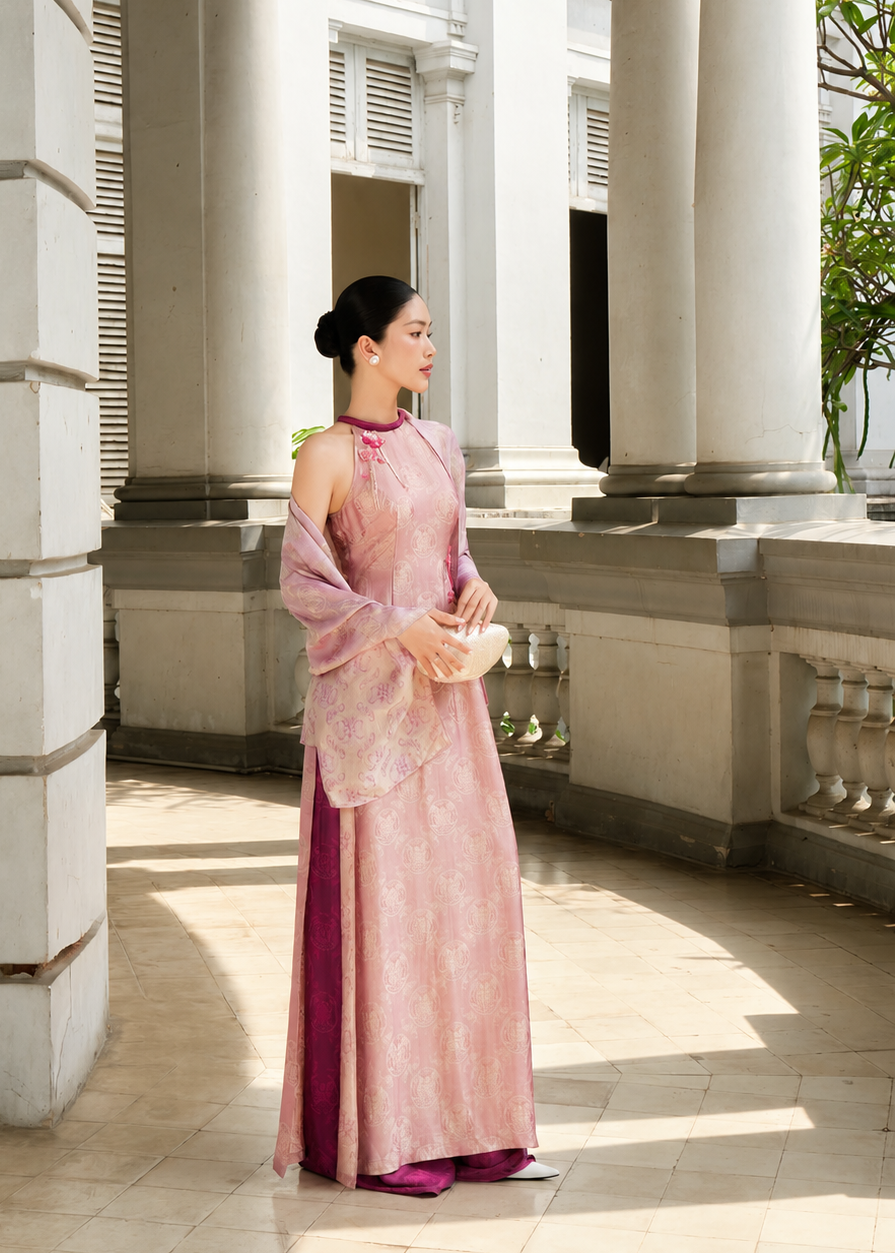 "Hồng Vân" Ao-dai Set – Haltered Neck Aodai & Scraf in Blush Orchid