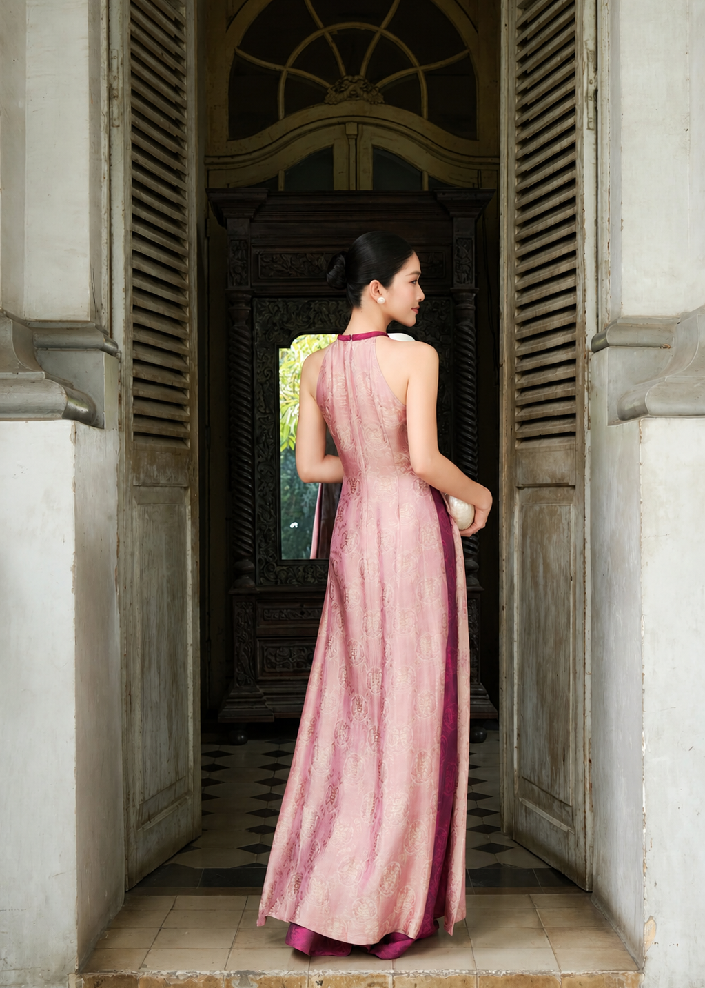 "Hồng Vân" Ao-dai Set – Haltered Neck Aodai & Scraf in Blush Orchid