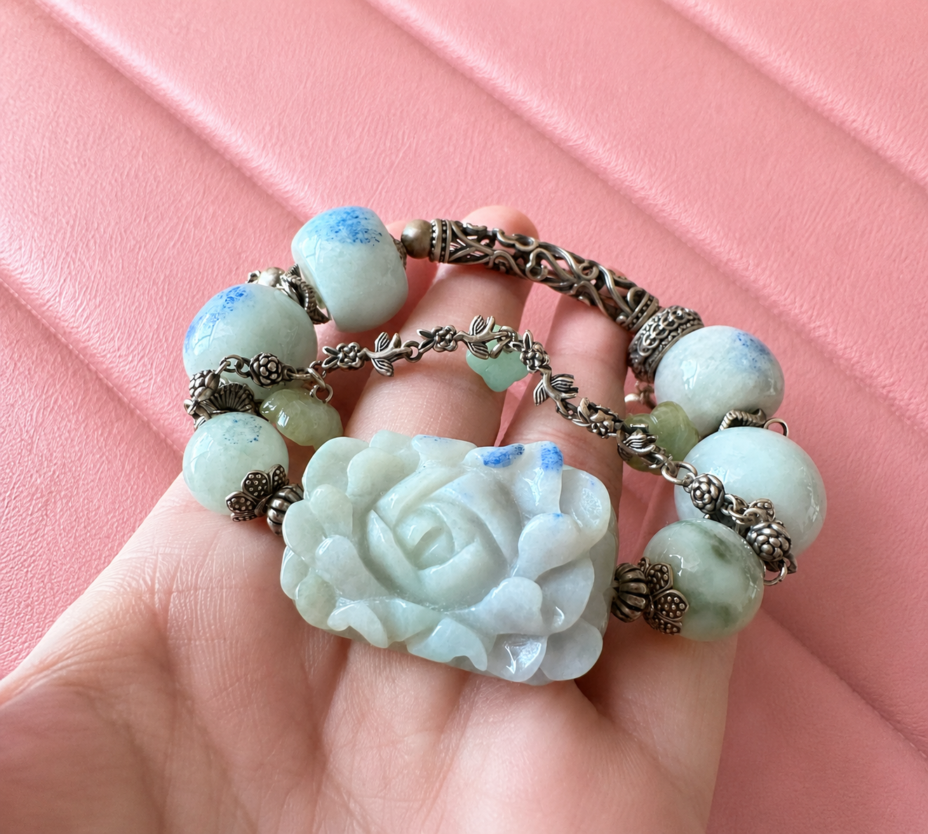 "Bích Viên" – One-of-a-Kind Jade & Silver Feng Shui-Inspired Bracelet