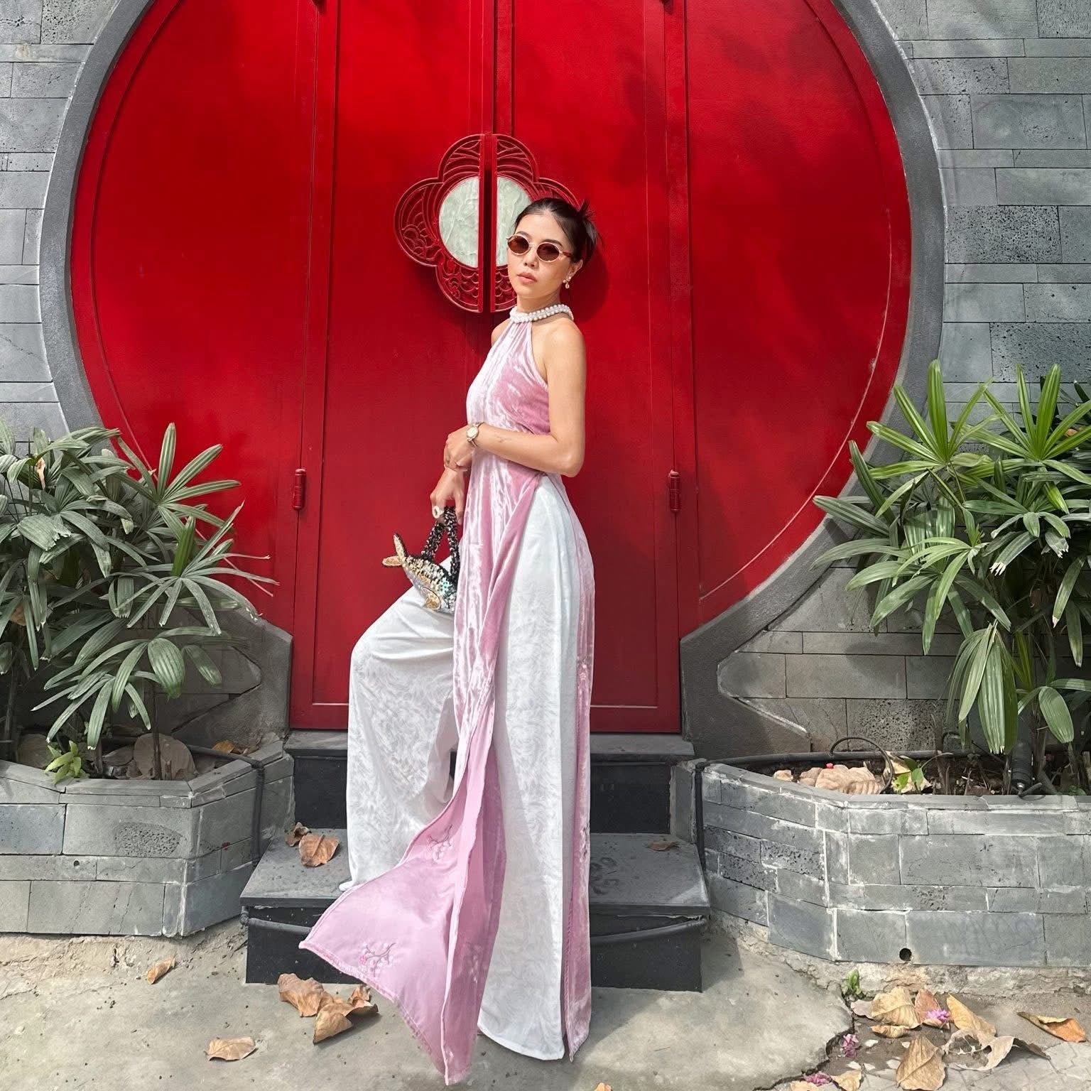Moon Blush Ao Dài Set - Halter Neck with pearl embellishments and embroidery - front view by Saang