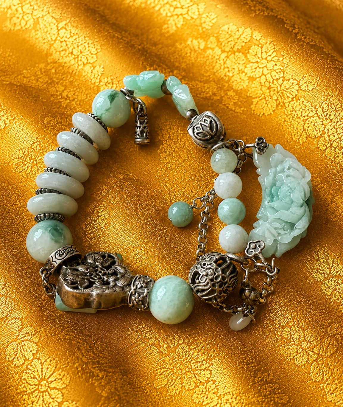 "Mẫu Đơn Cát Tường" – One-of-a-Kind Jade & Silver Feng-shui-Inspired Bracelet