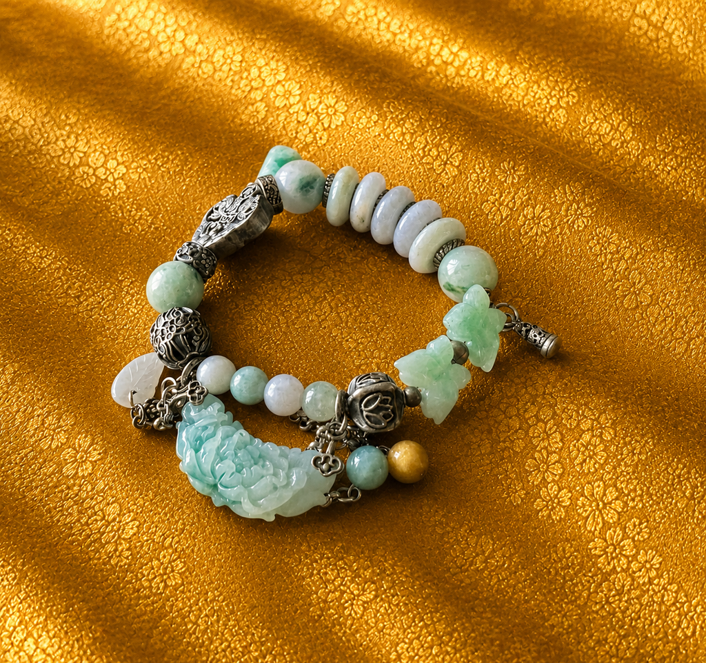 "Mẫu Đơn Cát Tường" – One-of-a-Kind Jade & Silver Feng-shui-Inspired Bracelet
