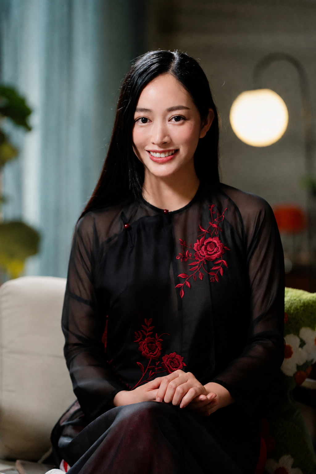 "Midnight Peony" Ao-dai Set – Embroidered Organza in Noir