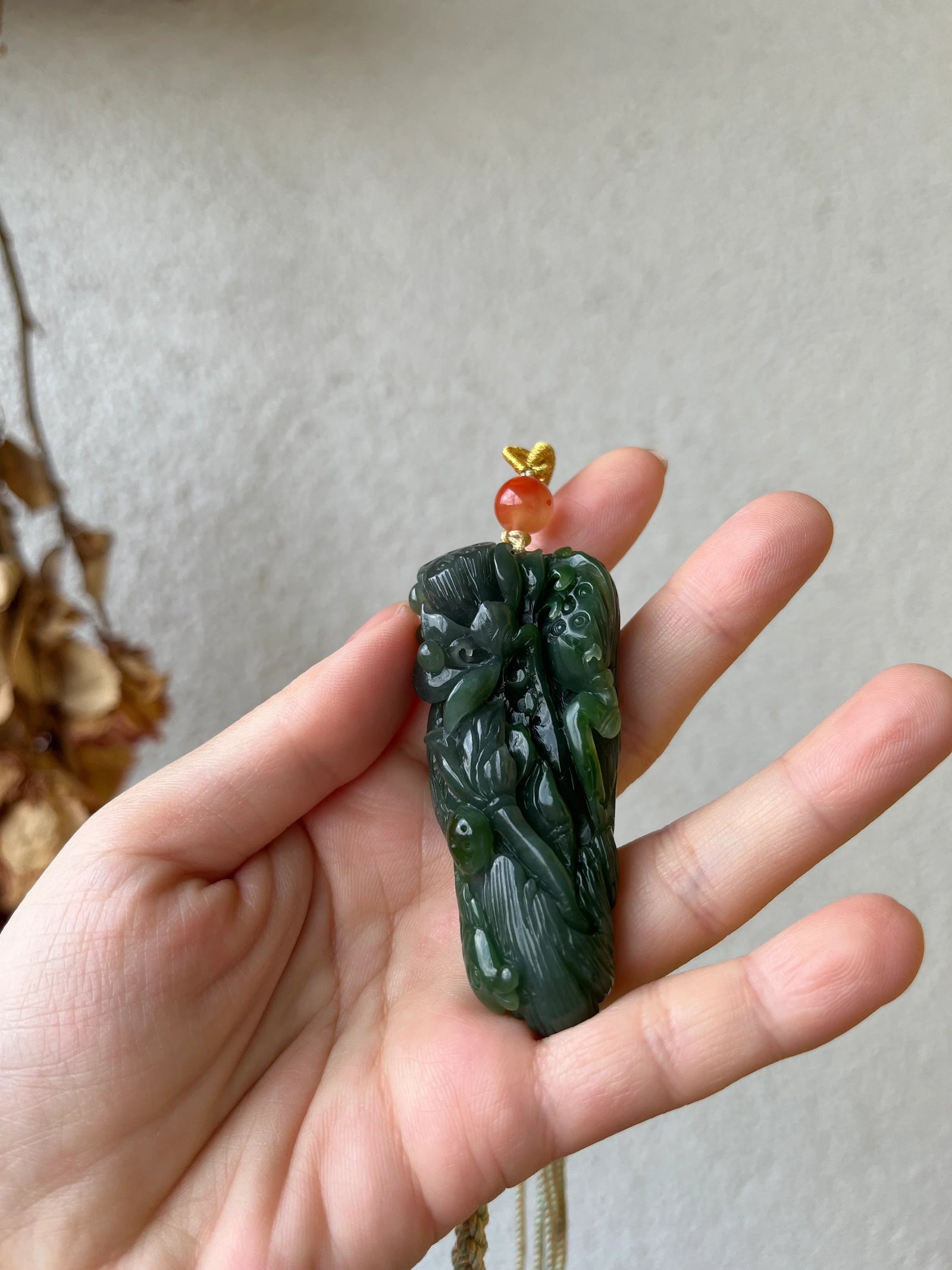 “Lotus Blessing ”- Hand Carved Green Hetian Jade Fish and Lotus Pendant, 手雕碧玉荷花鱼手把件 - detail close-up by L'Orient Haus