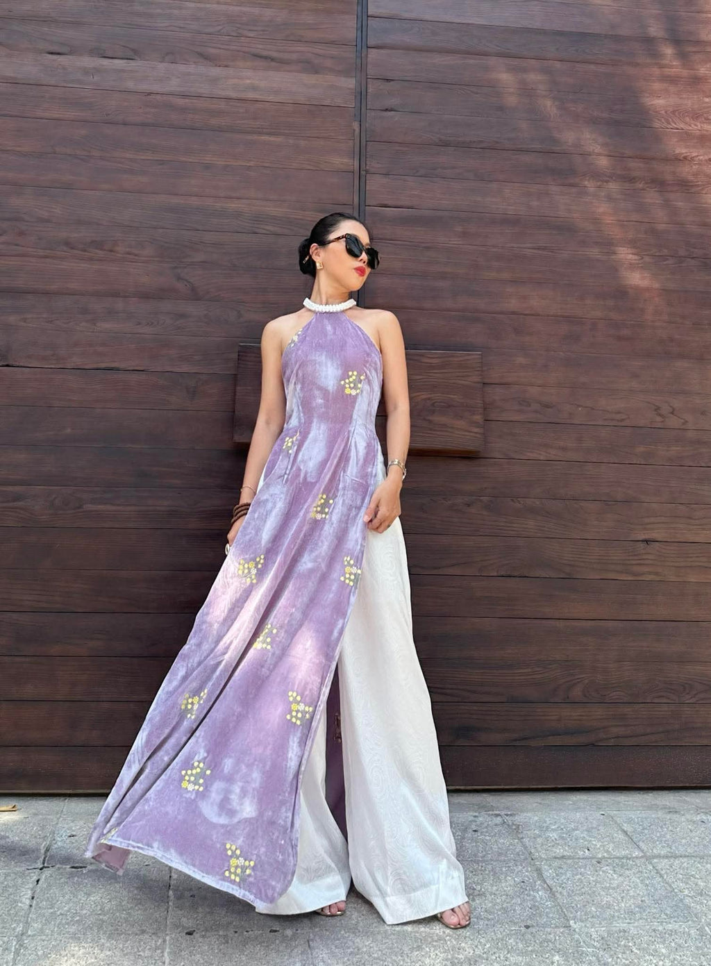 Velvet Blush Ao Dài Set - Halter Neck with pearl embellishments and embroidery - side profile by Saang