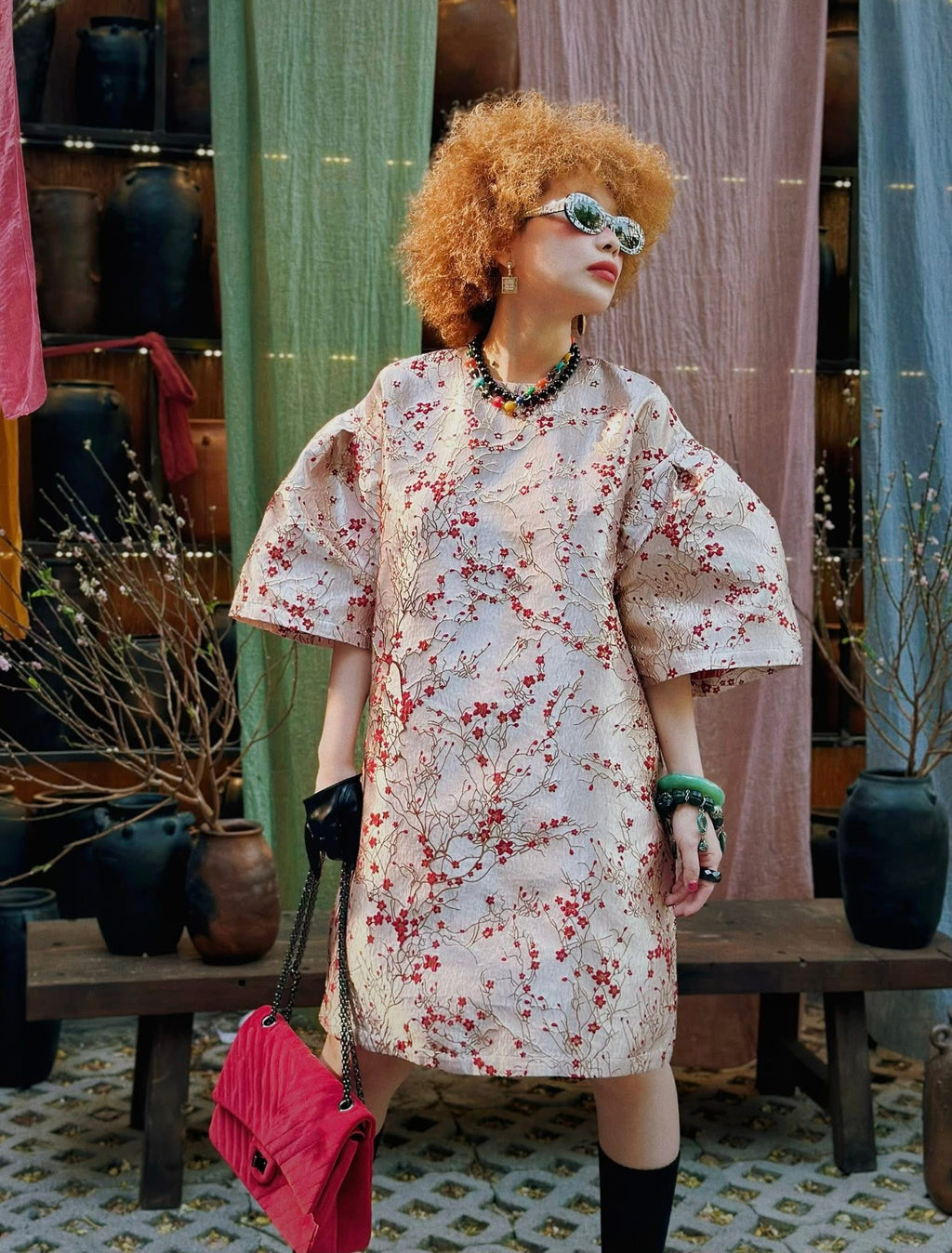 Vietnamese Silver - Spring Ease Dress – Printed Tafta in Ivory/Red - styled presentation in green by Huyen Thai Collection