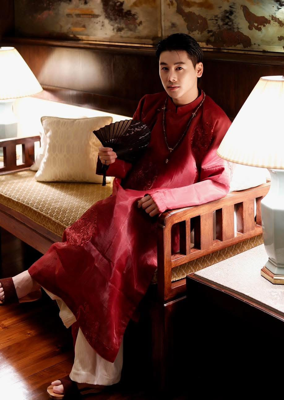 Vietnamese Ao Dai - GIA LONG – Men’s Organza Áo Dài in Bordeaux Red - styled presentation in silk in red by Maison LONG