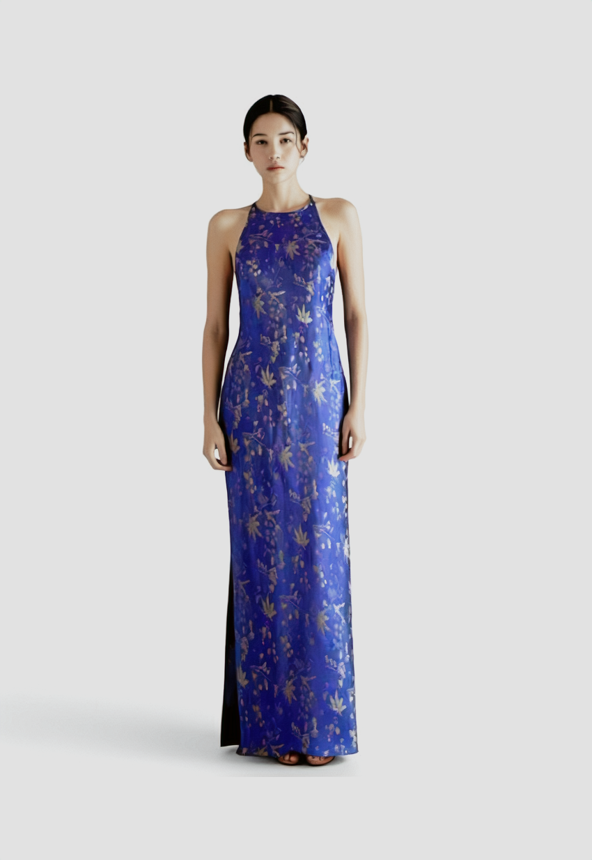 Vietnamese Ao Dai - Radiance in Silk Slip Dress - front view in blue by Lo Boutique