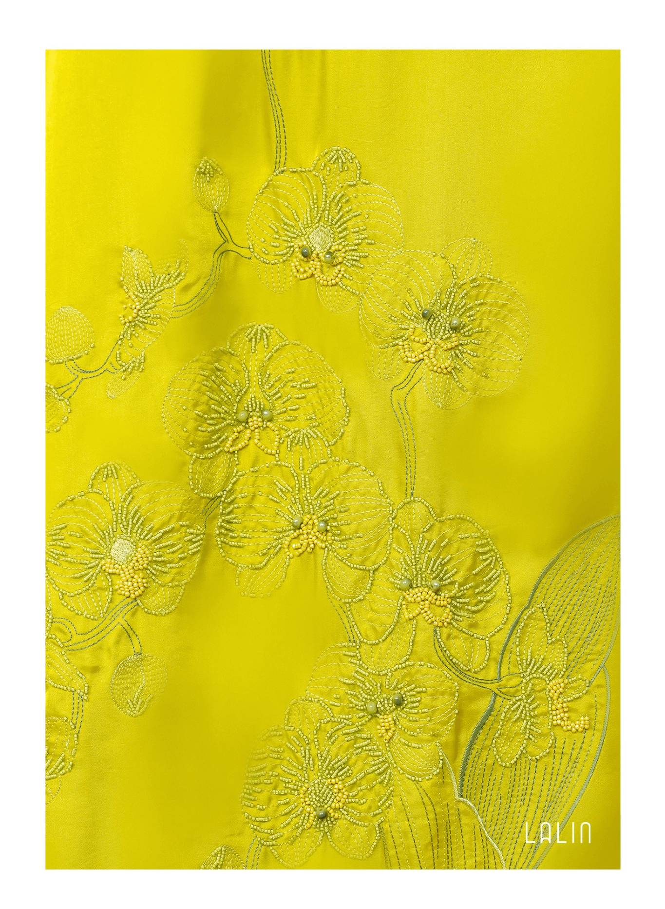 Vietnamese Embroidery - Uyen Lan Embellised Ao Dai Set in Neon Green - detail close-up in silk in yellow by Lalin