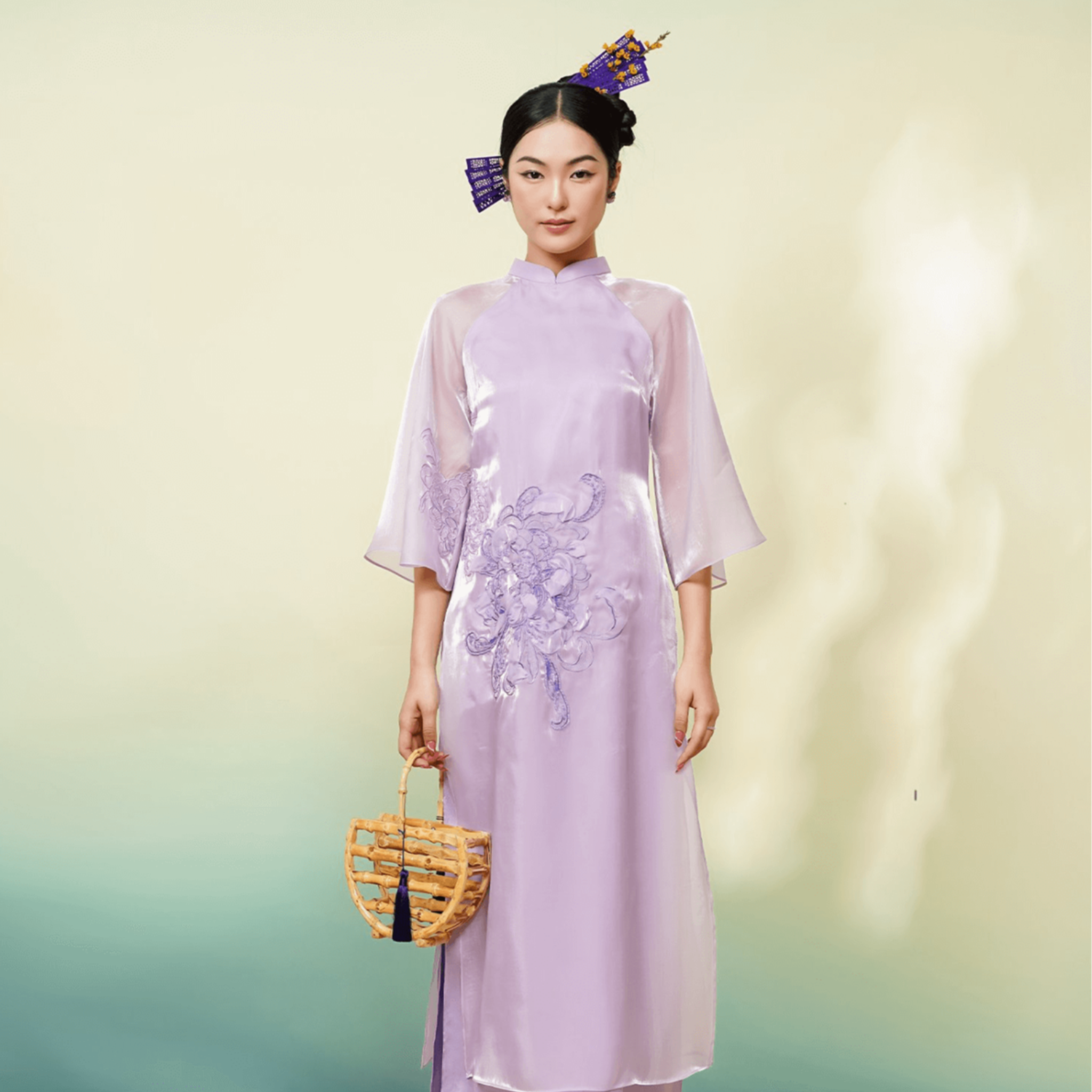 Vietnamese Ao Dai - Uyen Cuc - Limited Edition Embellised Ao Dai Set - front view in silk in lavender by Lalin