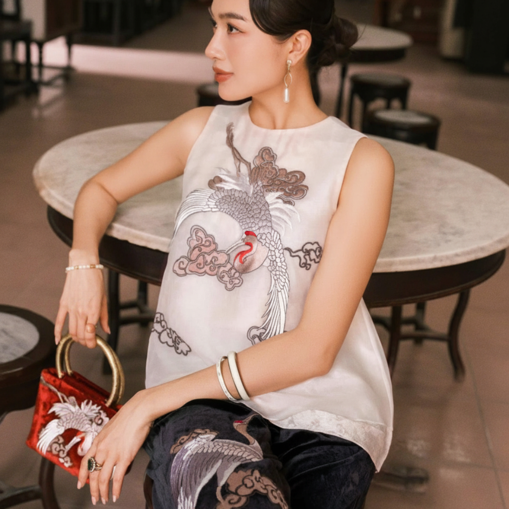 Hạc Vân - Embroidered Velvet Handbag with Hand-cast Brass Handle - styled presentation by Tho