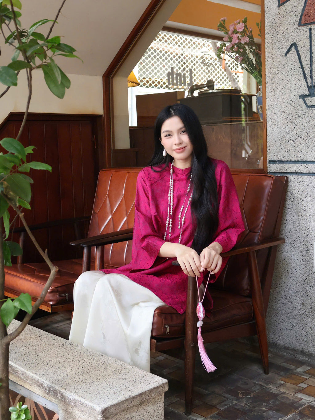 "Tra My" - Mandarin-neck Top - Natural wormsilk in Deep Magenta