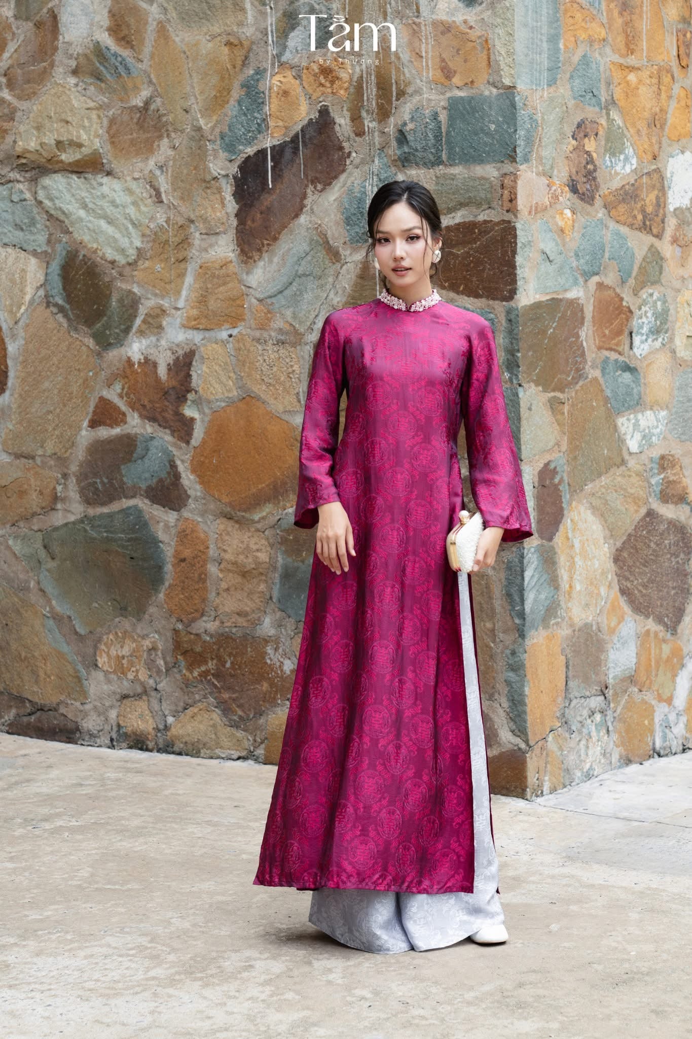Dao Đài - Wormsilk Modern Ao Dai Set with beaded Collar in Deep Magenta - front view by Tam