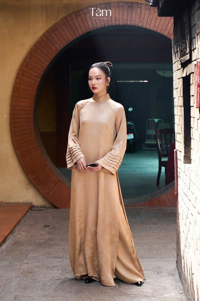 Phuong Luu Ao-dai Set - Pleated Sleeve in Hangzhou silk in Antique Sand Brown - front view by Tam