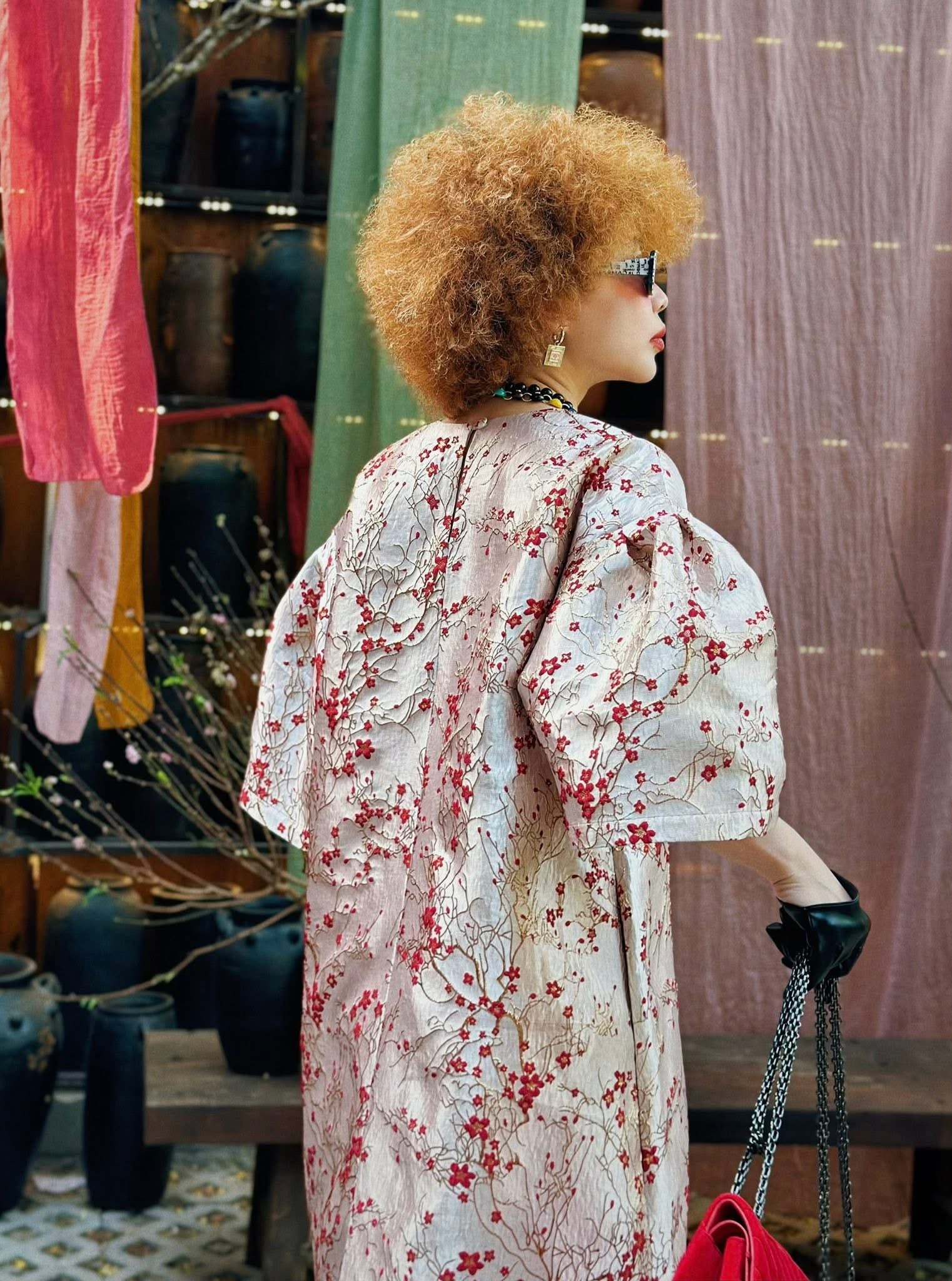 Vietnamese Silver - Spring Ease Dress – Printed Tafta in Ivory/Red - worn presentation in black by Huyen Thai Collection