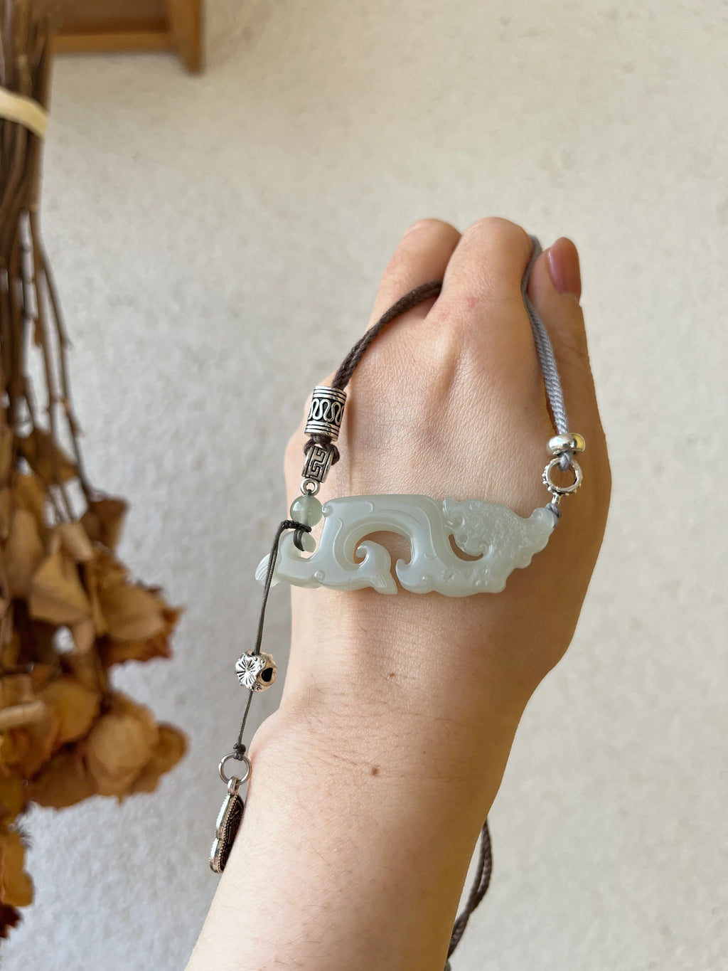 Traditional Motif - Celestial Dragon – Hand-Carved Nephrite Jade Necklace - worn presentation in white by L'Orient Haus