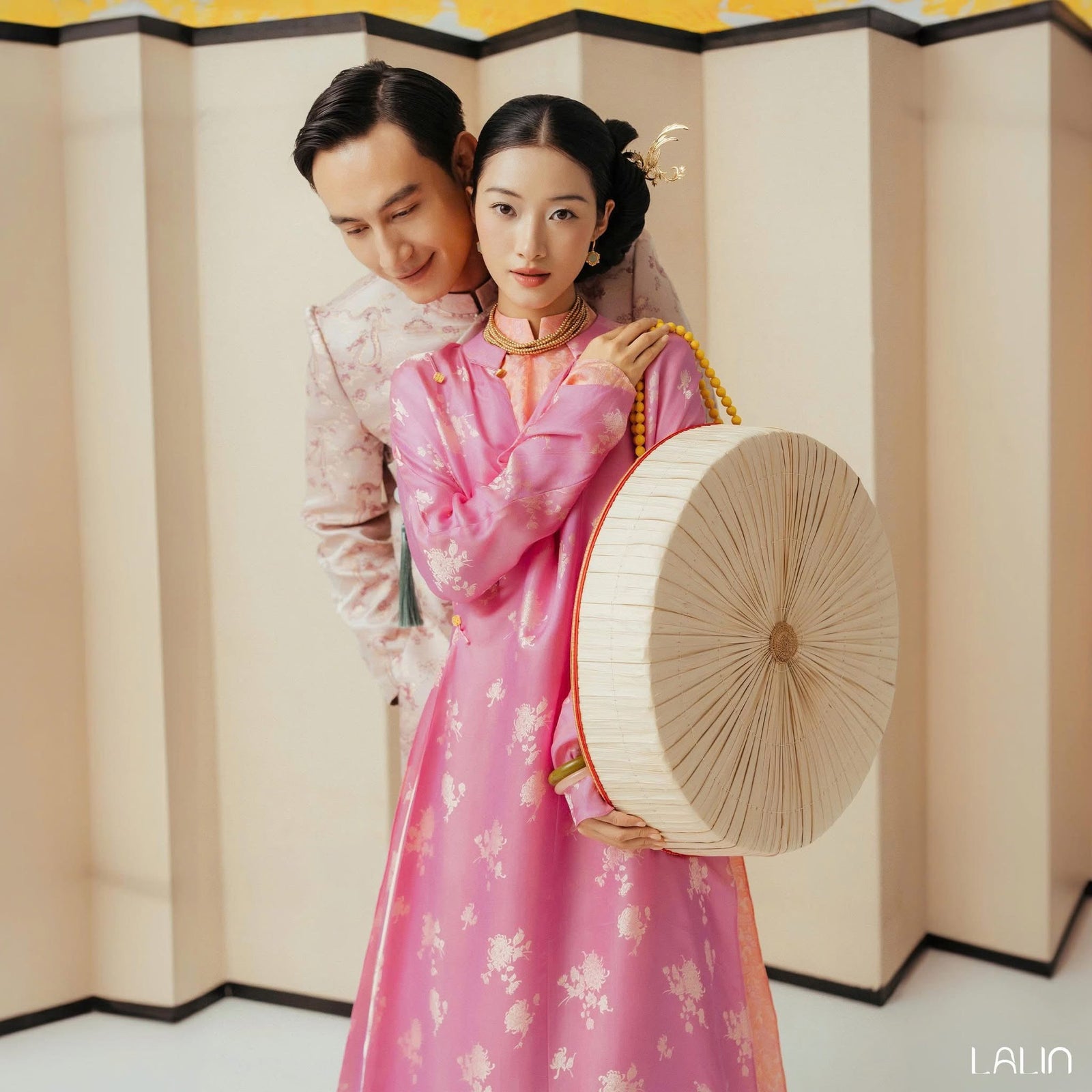 Cam Giao Ao-dai Set – Luxury Double-layer Hand-Embroidered WormSilk in Pink [Wedding Collection] - styled presentation