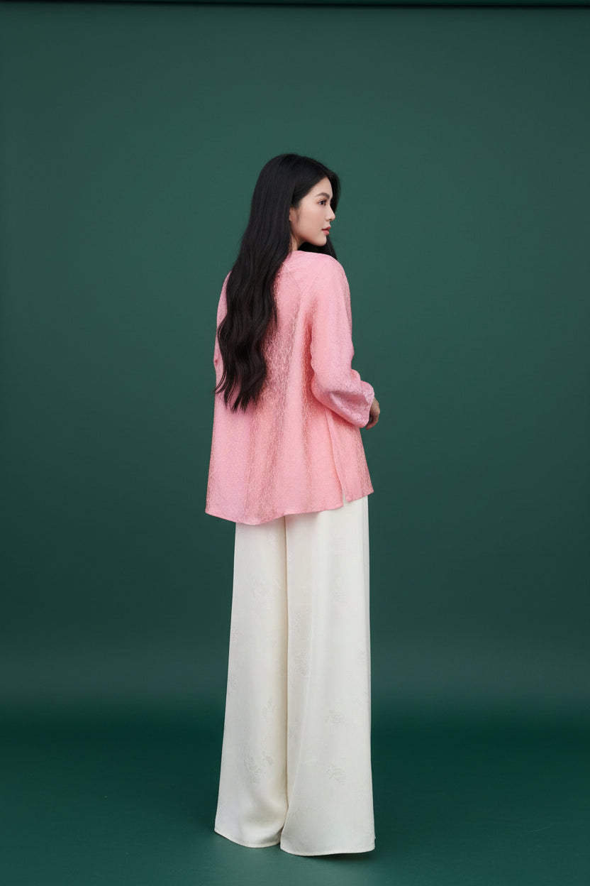 "Tra My" - Mandarin-neck Top - Natural wormsilk in Golden Peach