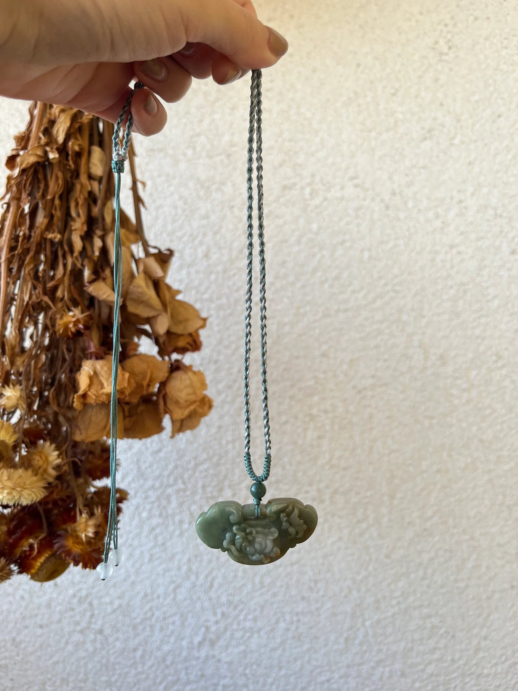 “Heirloom Wish” - Necklace Crafted from a Hand Carved Jadeite Peony Flower Ruyi Pendant - detail close-up by L'Orient Haus