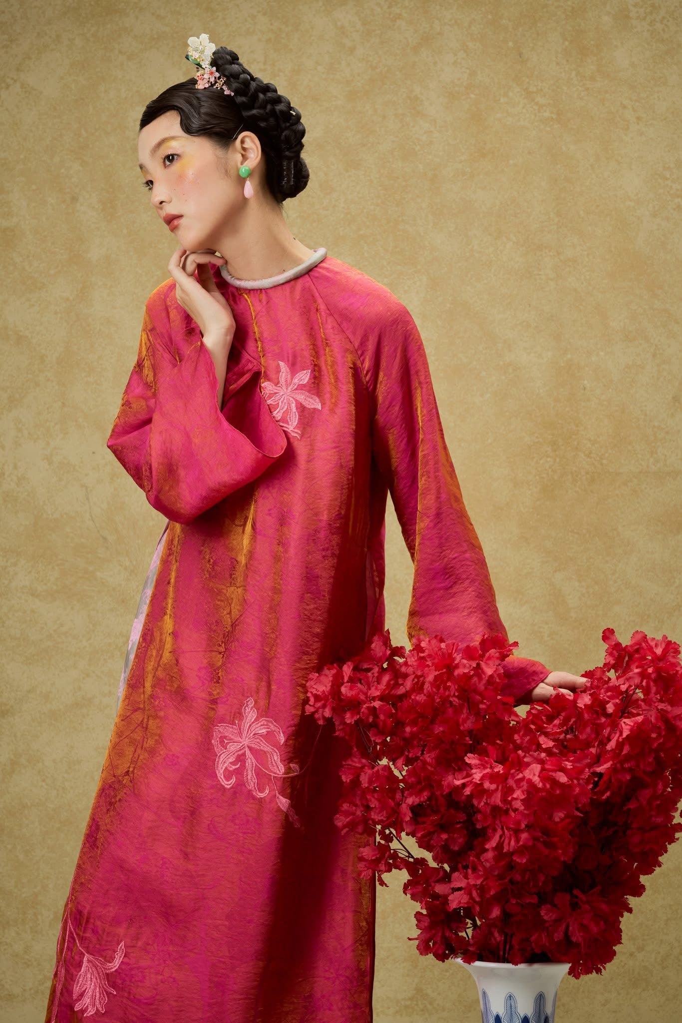 Luu Ly Ao Dai Set - Hangzhou Tencel Silk with Embroidery in Orange Red - side profile by SY Design