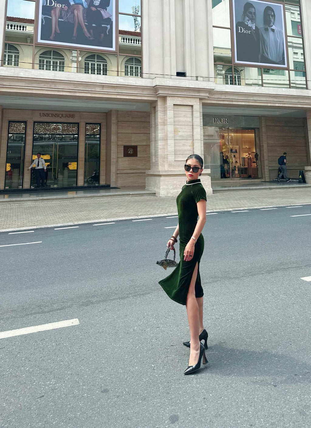 Emerald Grace Cheongsam - Velvet in Deep Green - front view in green by Huyen Thai Collection