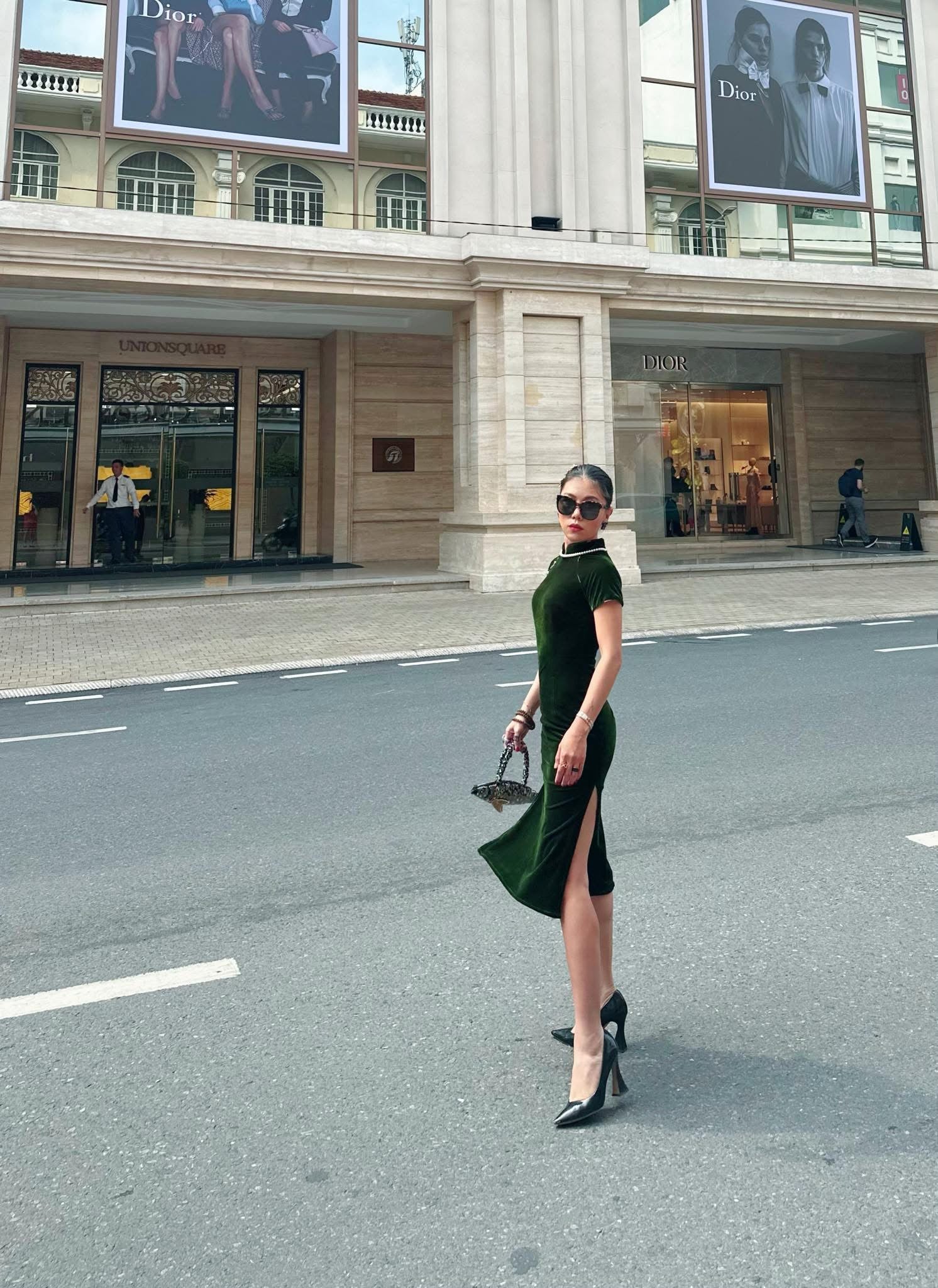 Emerald Grace Cheongsam - Velvet in Deep Green - front view in green by Huyen Thai Collection