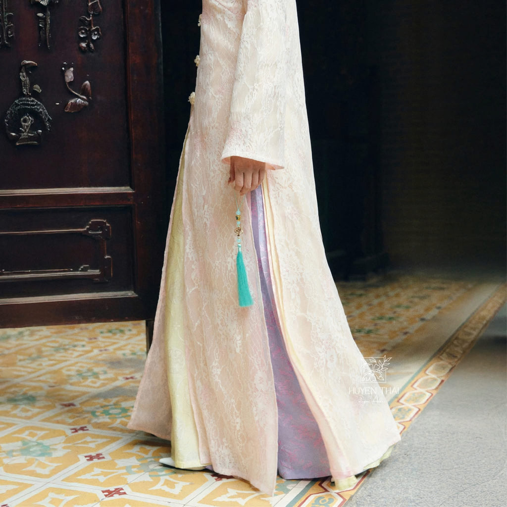 Giai Ky Cardigan – Embroidered Lace in Light Purple - side profile by Huyen Thai Collection