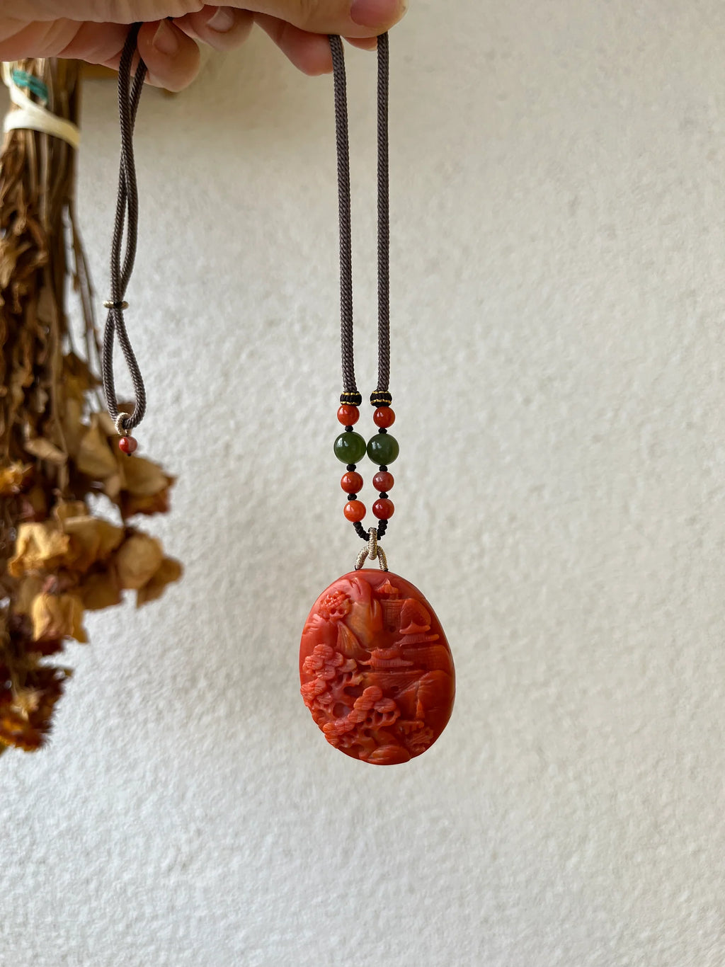 “Crimson Horizon” - Necklace with a Hand Carved Nanhong Agate Landscape Pendant, 手雕南红山水 - front view by L'Orient Haus