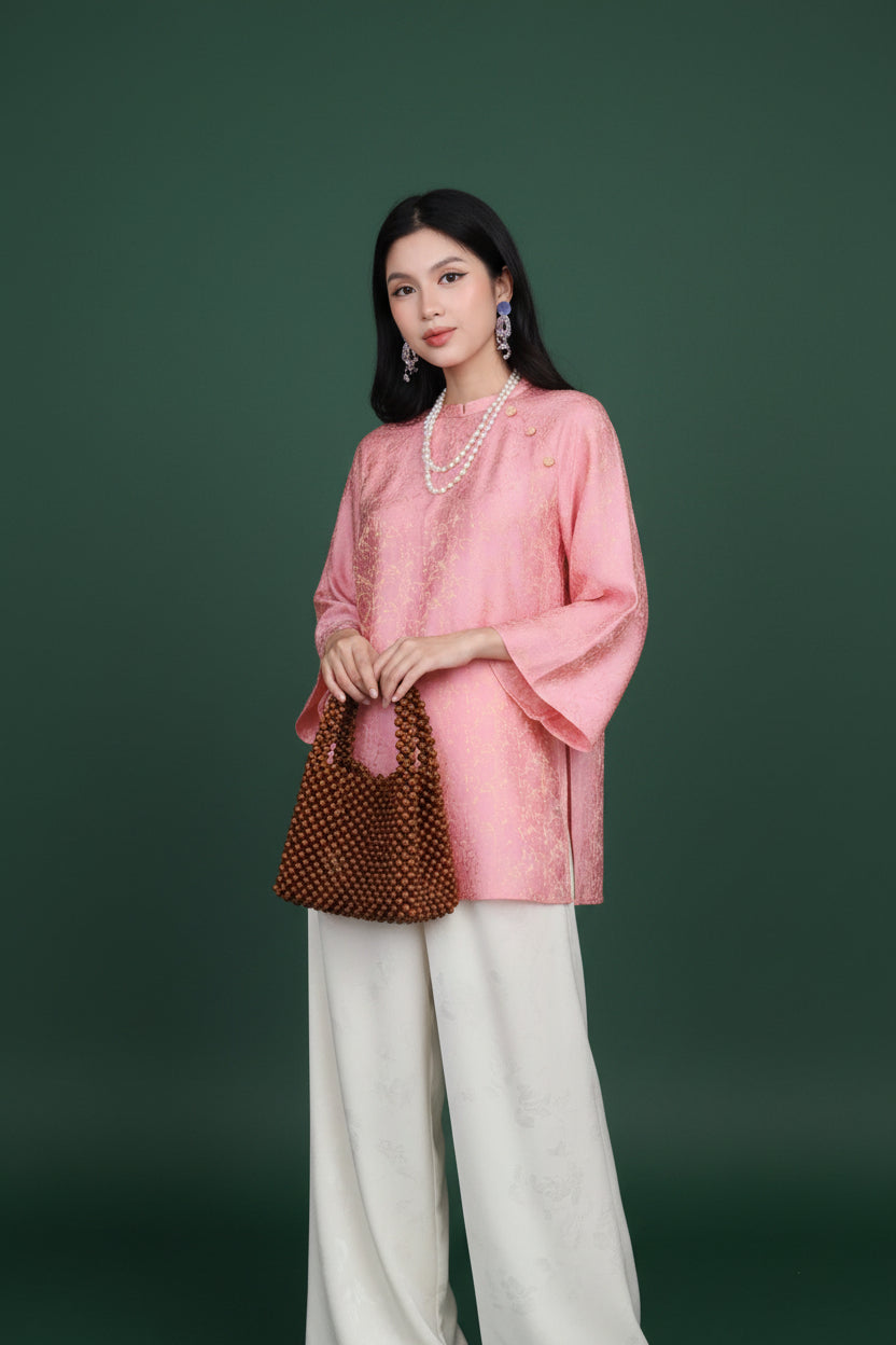 "Tra My" - Mandarin-neck Top - Natural wormsilk in Golden Peach