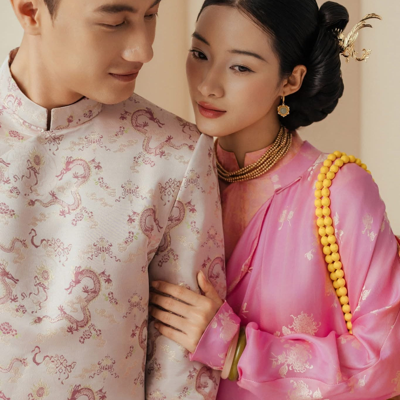 Cam Giao Ao-dai Set – Luxury Double-layer Hand-Embroidered WormSilk in Pink [Wedding Collection] by Lo Boutique - styled lifestyle shot demonstrating Vietnamese luxury fashion, premium Vietnamese wormsilk clothing