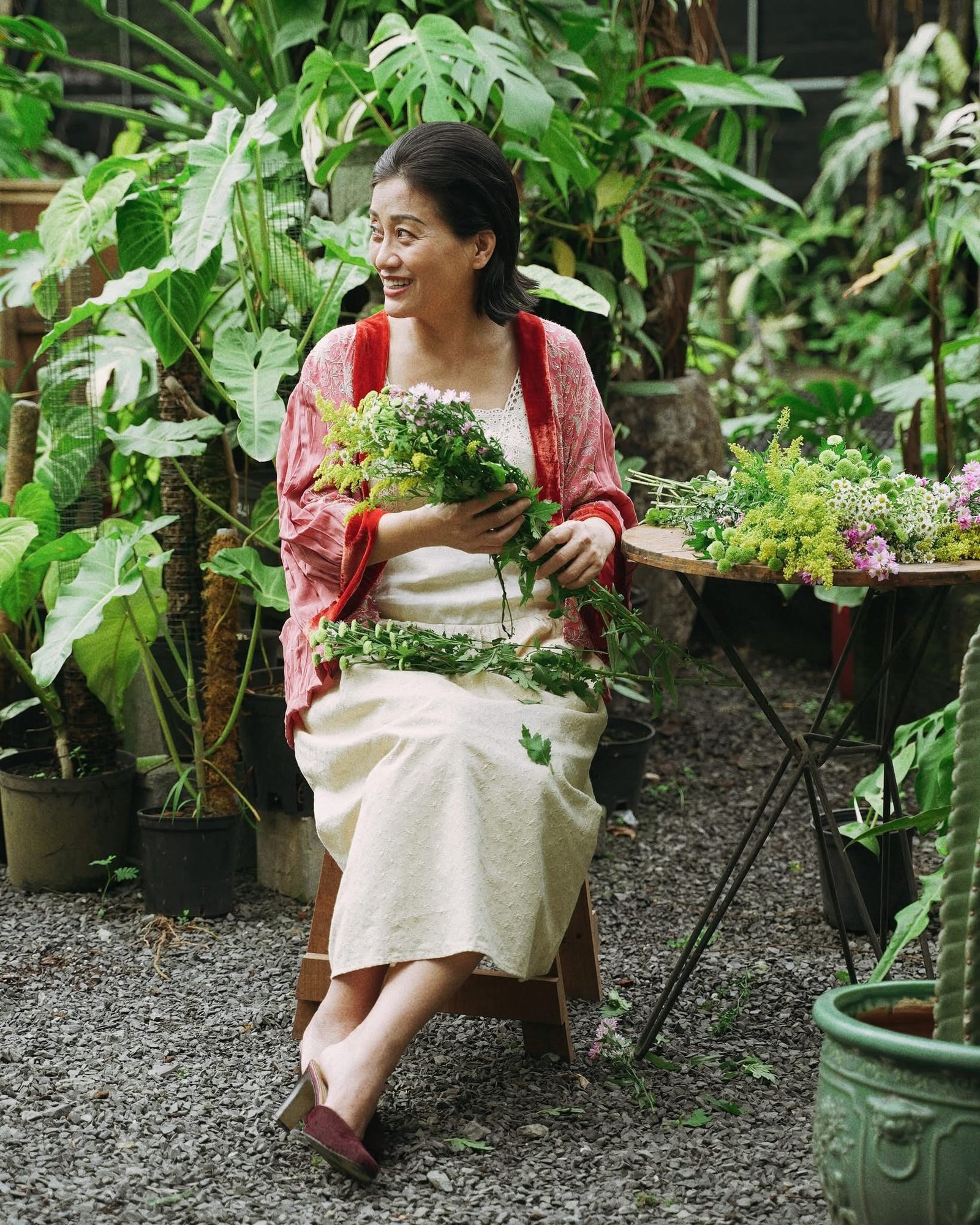 Yuki - Embroidered Chiffon Short Cardigan - Pink Shade with Orange Suede liner - styled presentation by Huulala